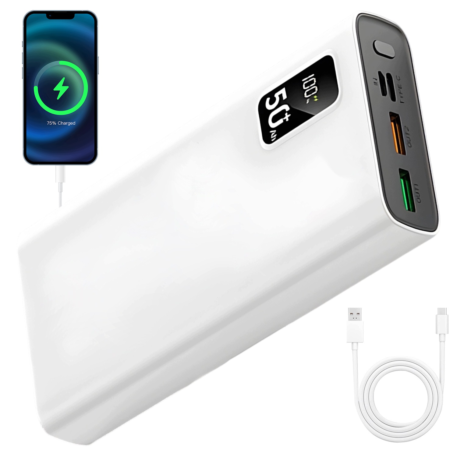 50000Mah Power Bank Pd22.5W Bílá pro chytrý telefon, tablet a chytré hodinky