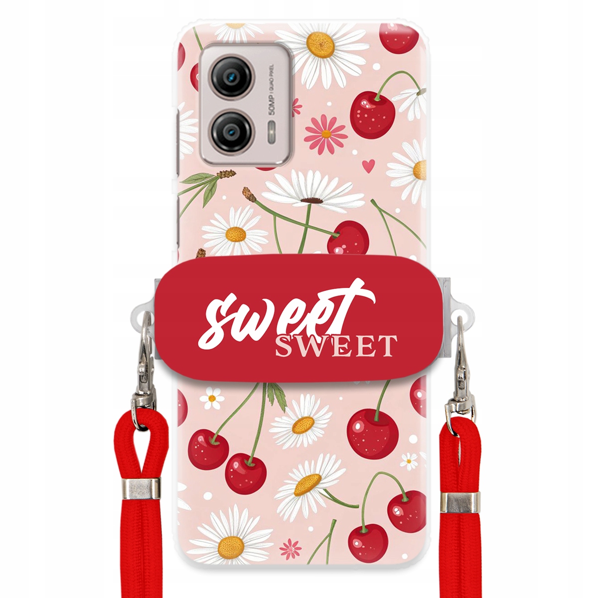 Puzdro pre Motorola G53 Červené vodítko Crossbody držiak Sweet Kvet čerešne