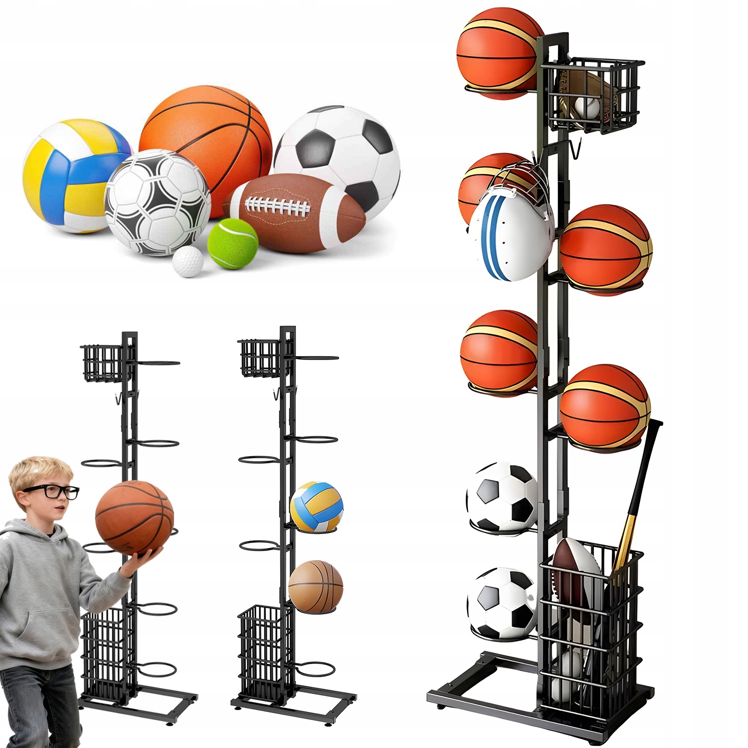 Kovový Regál Na Míčky Se Dvěma Košíky A Poličkou Na Rakety Do Garáže