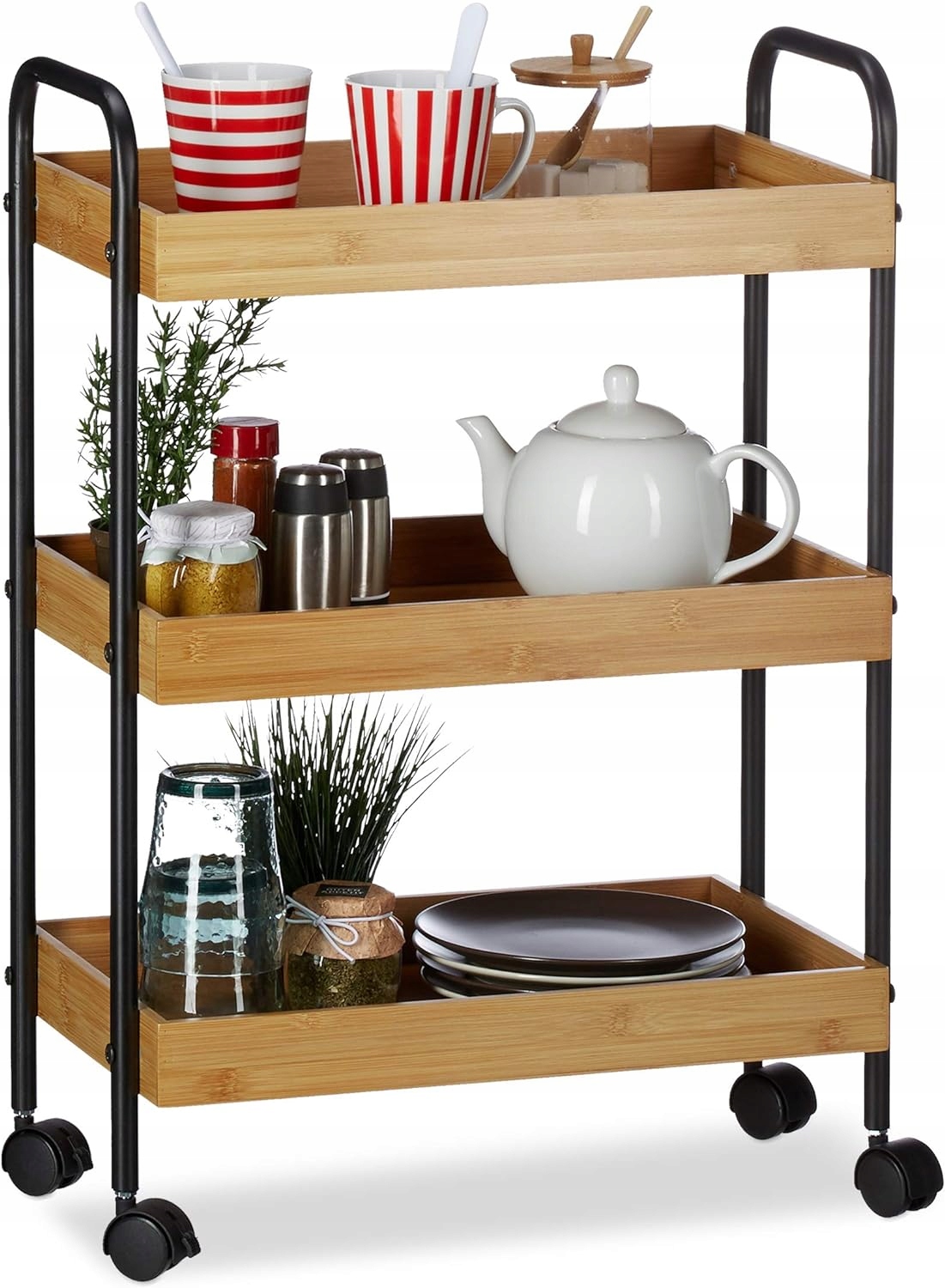 Bambusový kočík s 3 policami, prirodzený vzhľad