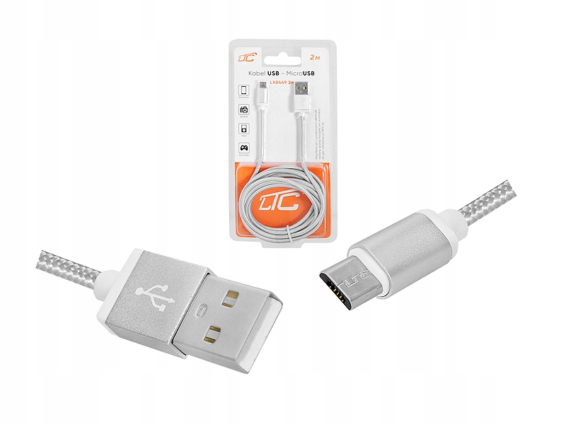 

Kabel Usb microUSB 2m Srebrny Przewód Ładowania