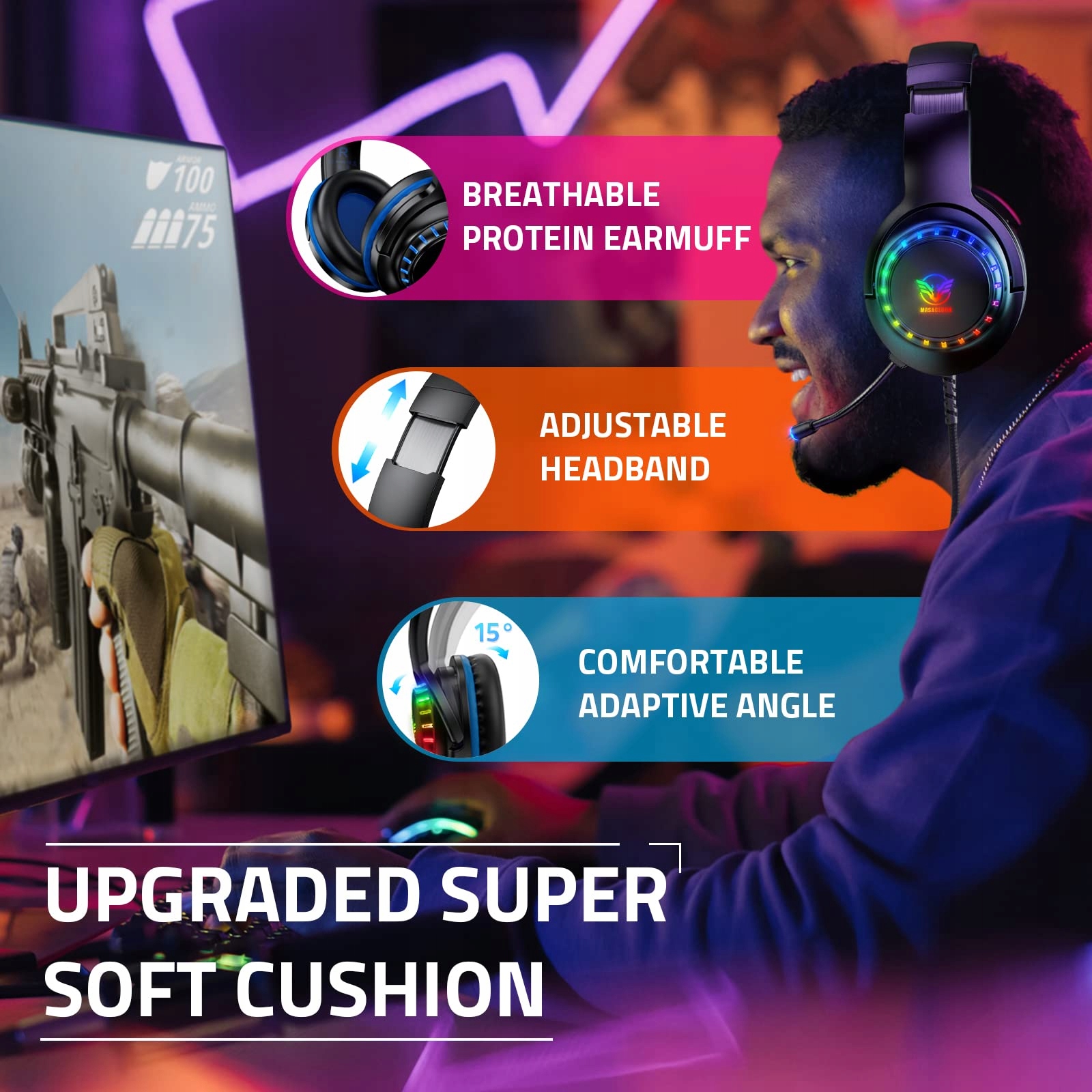 PACRATE RGB Słuchawki Gamingowe PS4 PS5 Xbox PC Switch z Mikrofonem RGB — miniatura 5