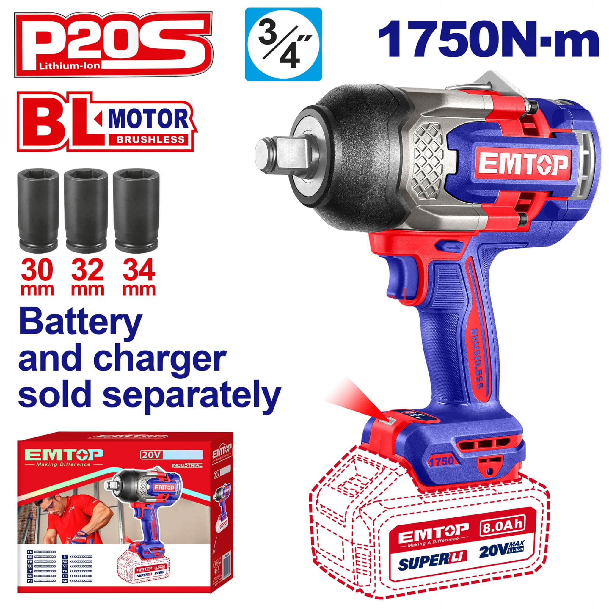 Emtop Rázový uťahovák akumulátor 3/4" 20V P20S 1750NM ECIWL201751 Solo Body