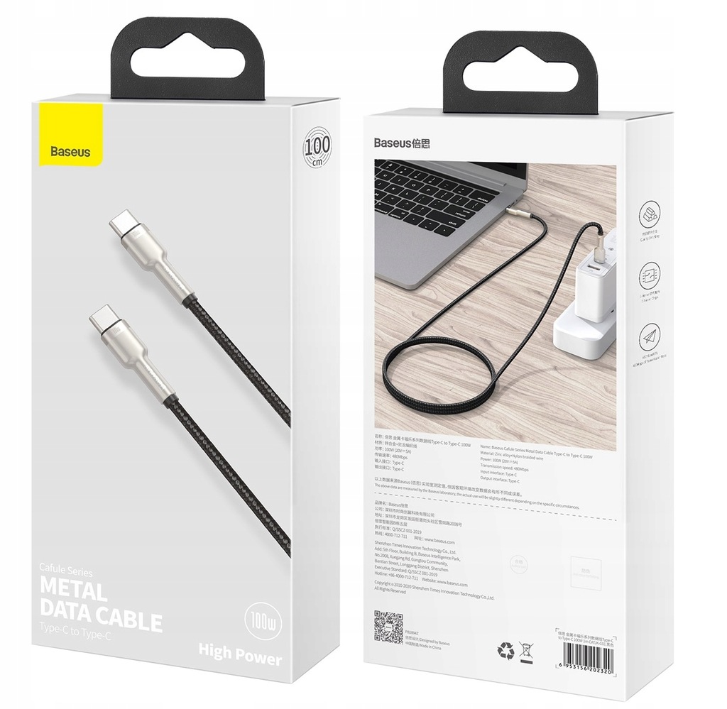BASEUS KABEL USB-C SZYBKIE ŁADOWANIE PRZEWÓD TYPE-C PD 100W QC 4.0 5A 1M Zgodność ze standardem Quick Charge 1.0 Quick Charge 2.0 Quick Charge 3.0 Quick Charge 4.0