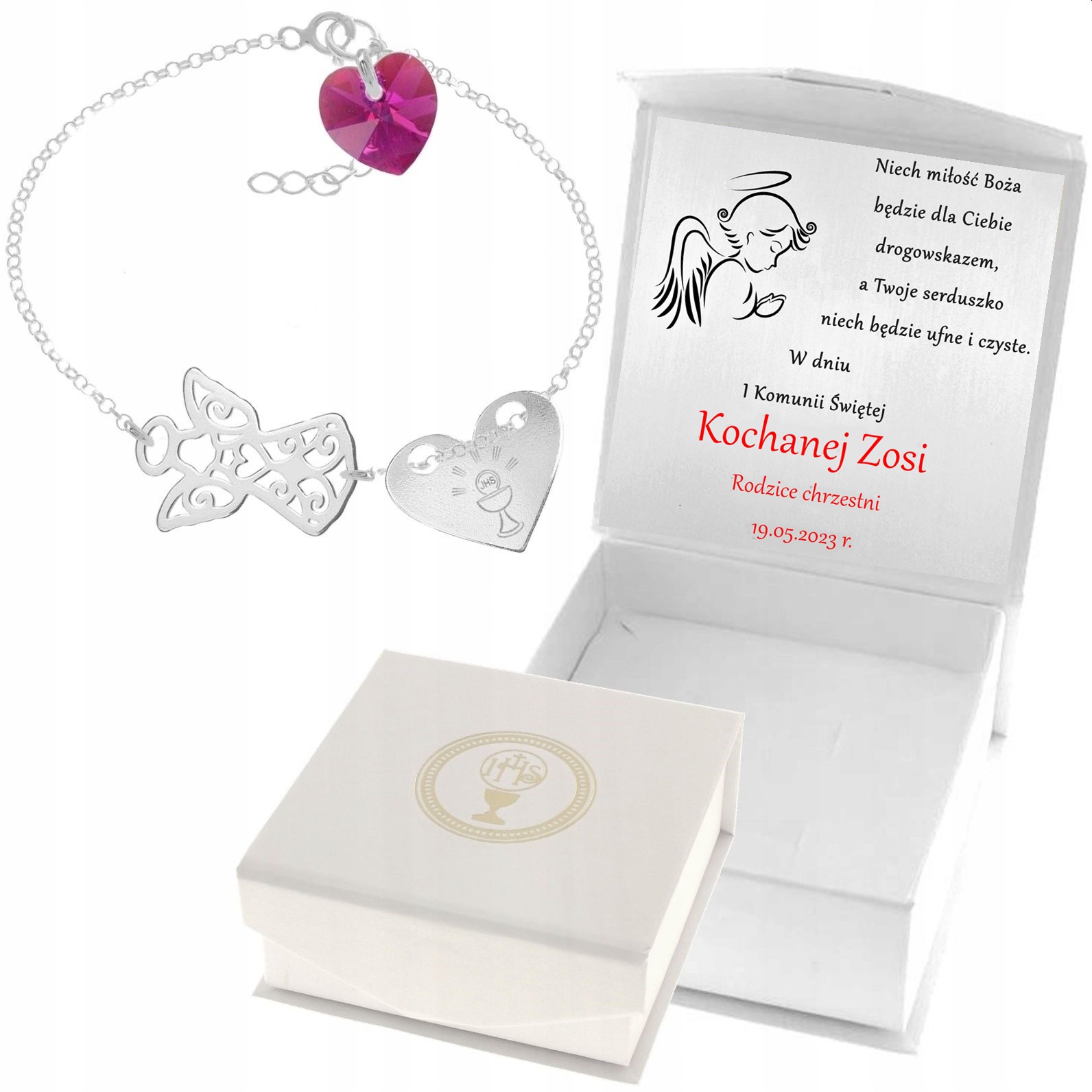 

Aniołek Bransoletka Komunia Kr Swarovski Grawer