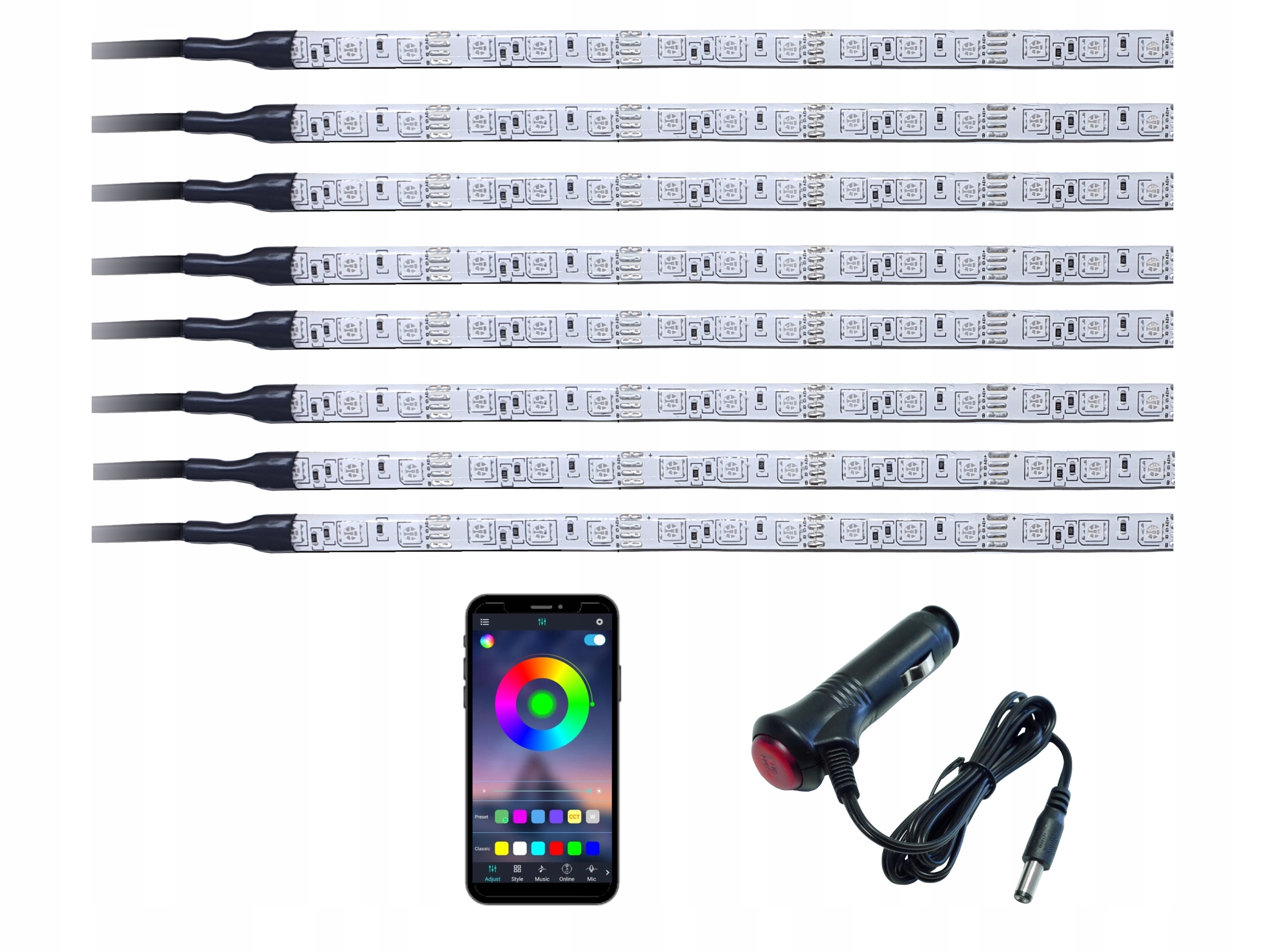 LED wnętrza kabiny auta RGB 8x30cm BLUETOOTH