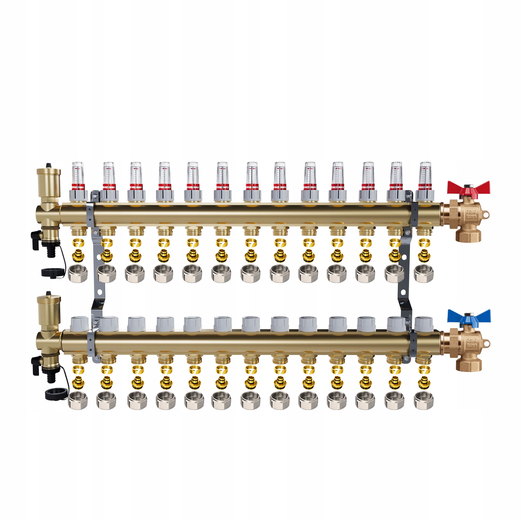 Mosazný rozdělovač 13 okruhů Topení Podlahové kulové ventily Pex