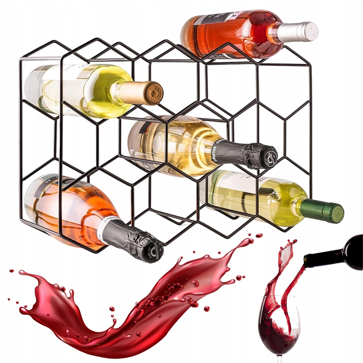 Kovový stojan na víno pro 14 lahví, geometrický, černý, do kuchyně