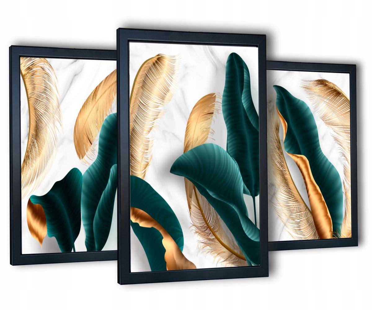 

3 obrazy w ramach salon turkusowe liście 130x63