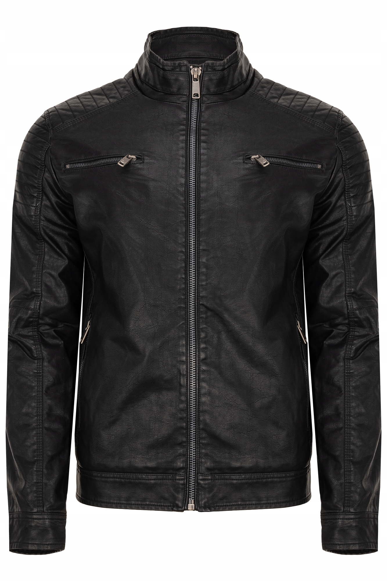 Pánská Bunda Eko Kůže Černá Přechodový Stojáček Prošívaná Kapsy Zipy M