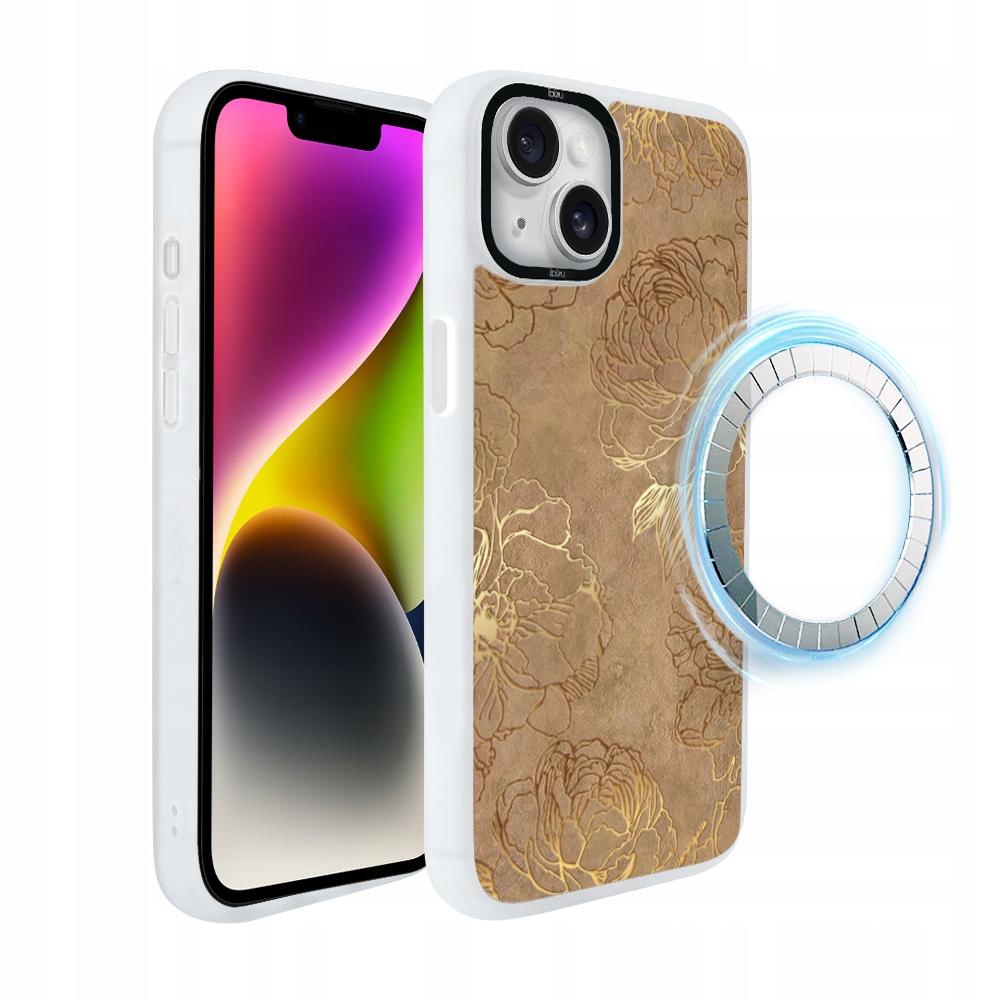 Pouzdro pro iPhone 14 Ibizu DropGuard Matt s MagSafe, zlaté pivoňky, bílé