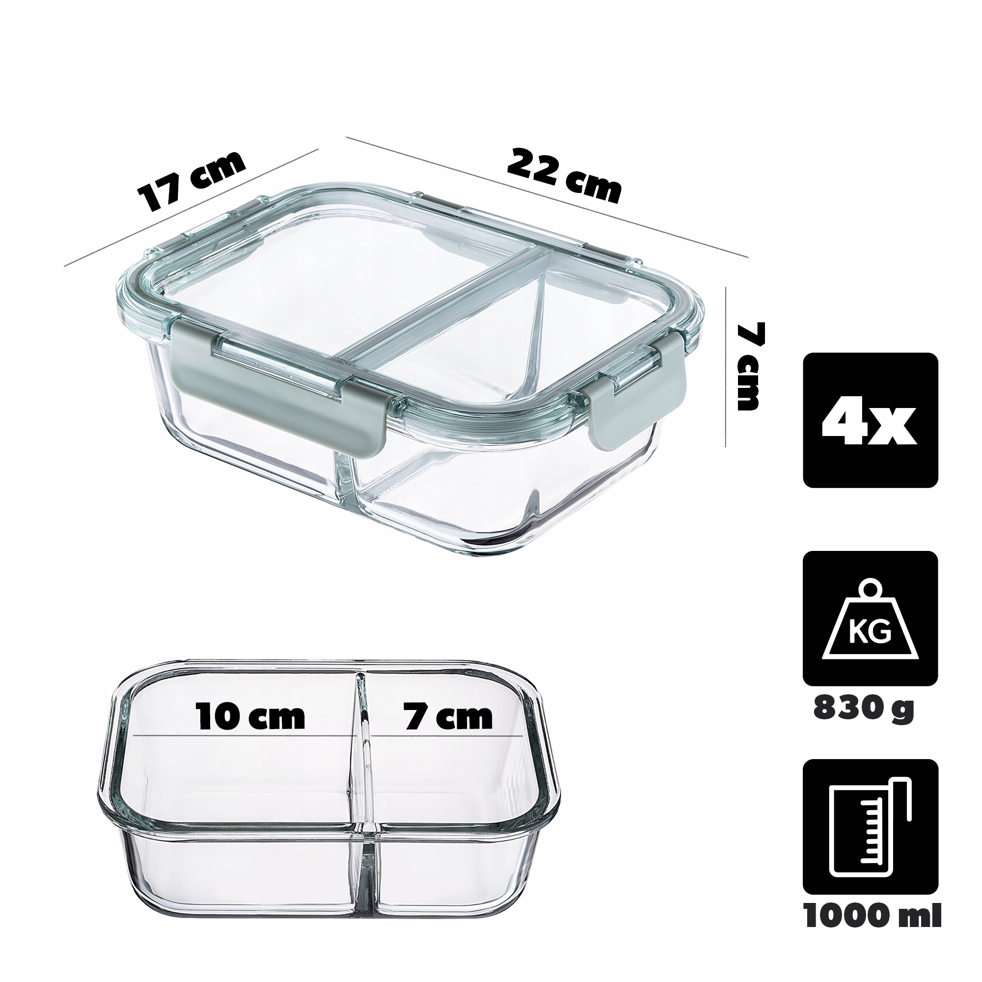 POJEMNIKI NA ŻYWNOŚĆ SZKLANY ZESTAW POJEMNIKÓW 4x 1L Z PRZEGRODAMI LUNCHBOX Marka Kadax