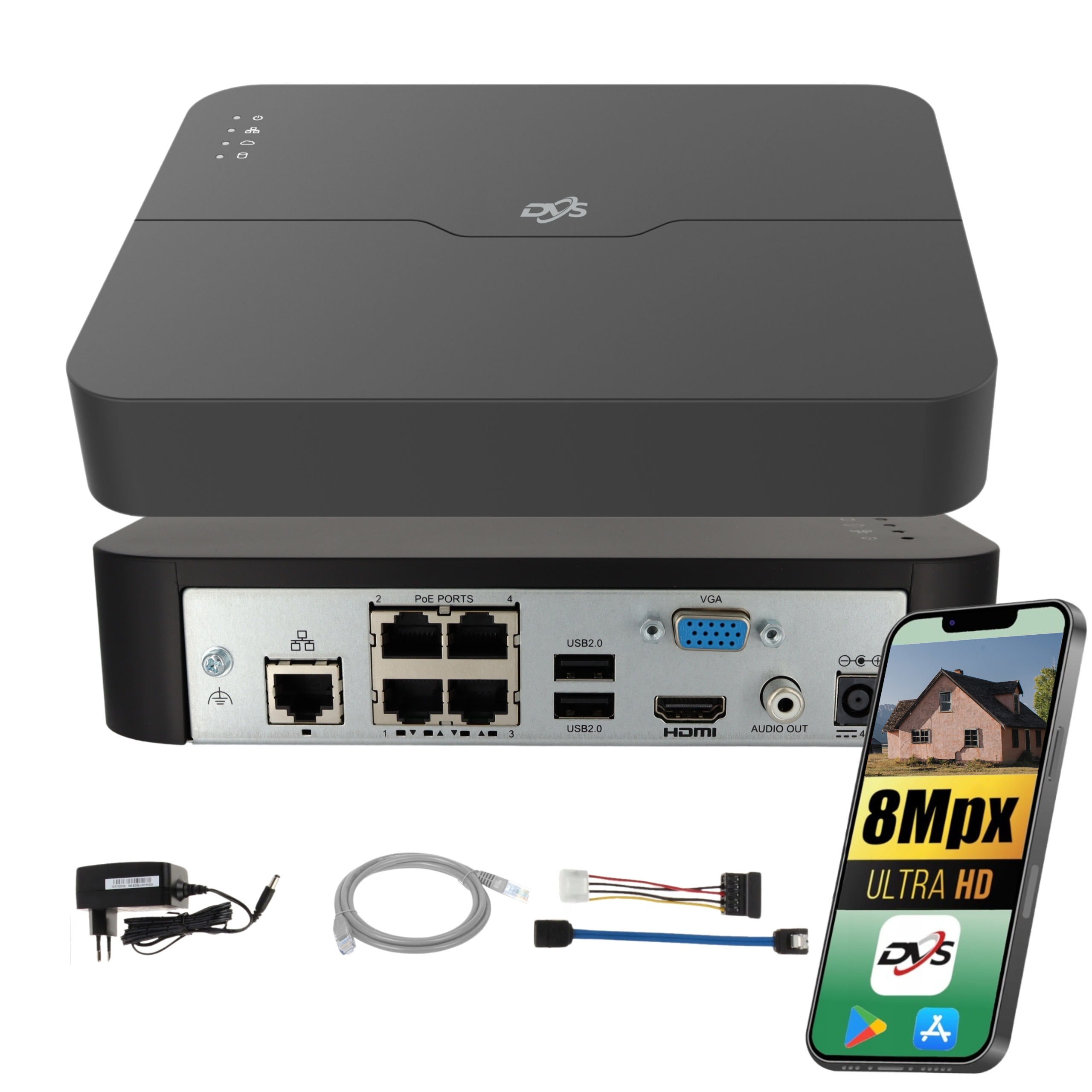 Síťový rekordér Dvs Ip 8Mpx Switch PoE 4 kanály 8Mpx Onvif Aplikace