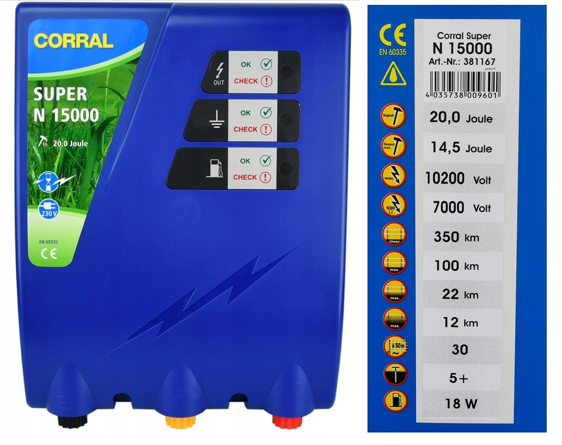 Síťový Elektrizátor 20,0J Corral N15000 Pro Divoké Býčí Koně