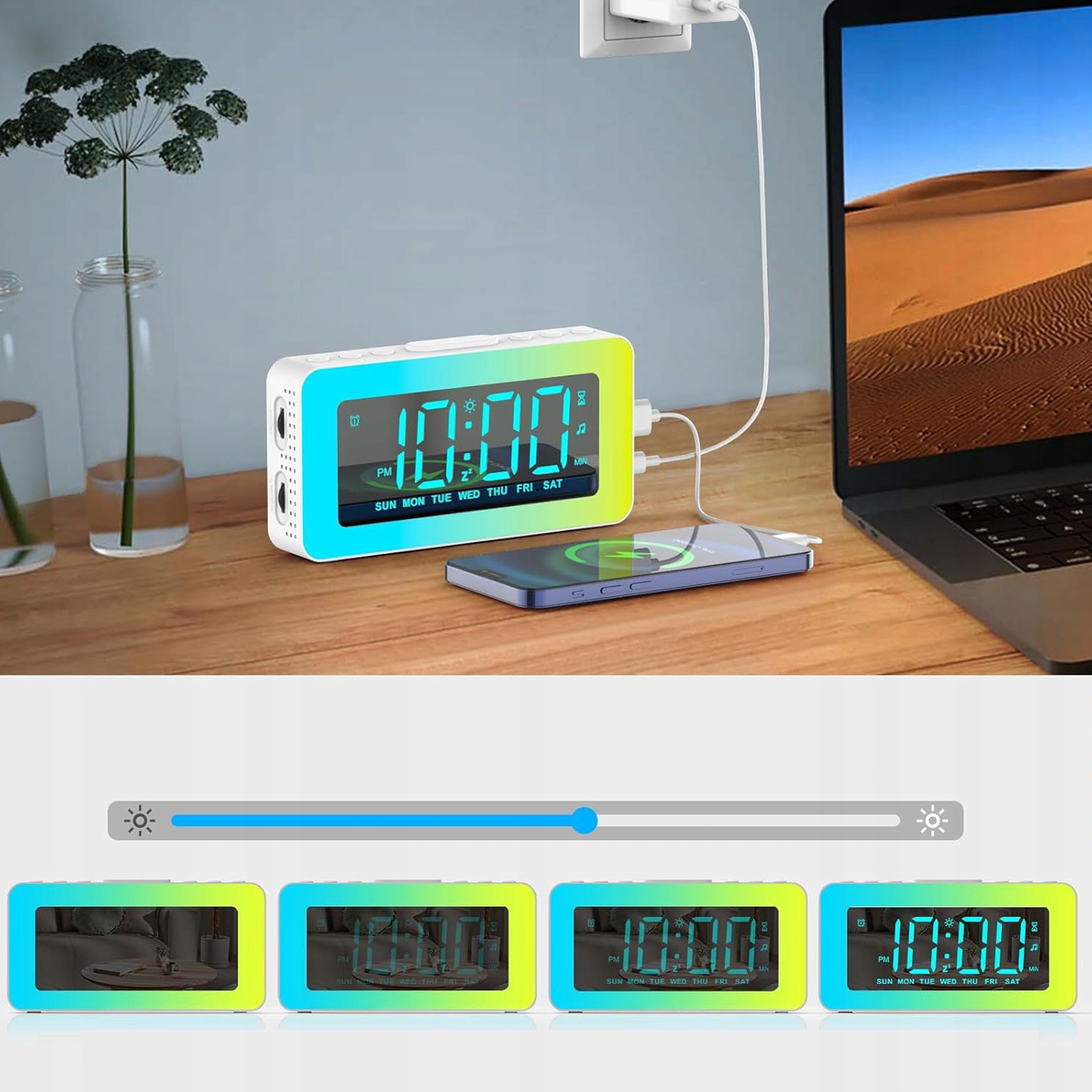 BUDZIK Zegar Elektroniczny RGB LED Cichy Cyfrowy Stojący Nowoczesny premium Wysokość całkowita 8 cm