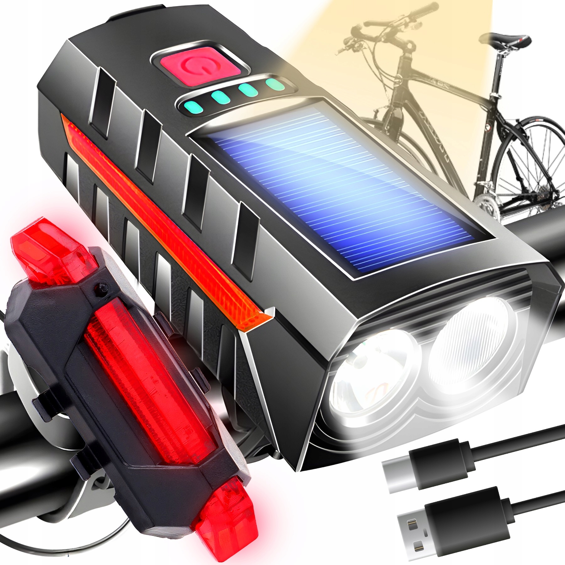 Lampka Rowerowa Solarna Światło Przód Tył Led Na Rower Kierownicę Klakson