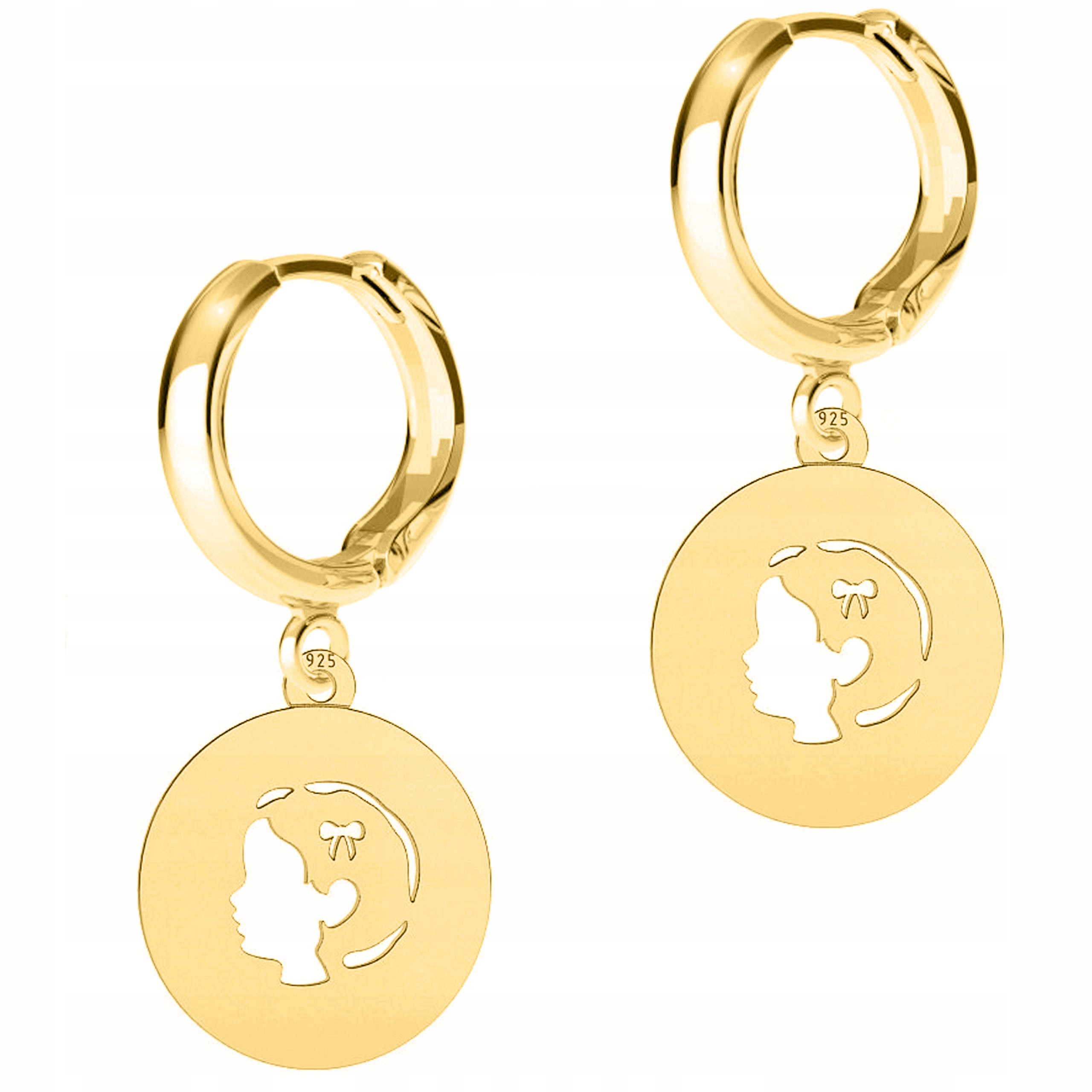 Zlaté Náušnice Dívky Rodina Kulaté Plechy Stříbro 925