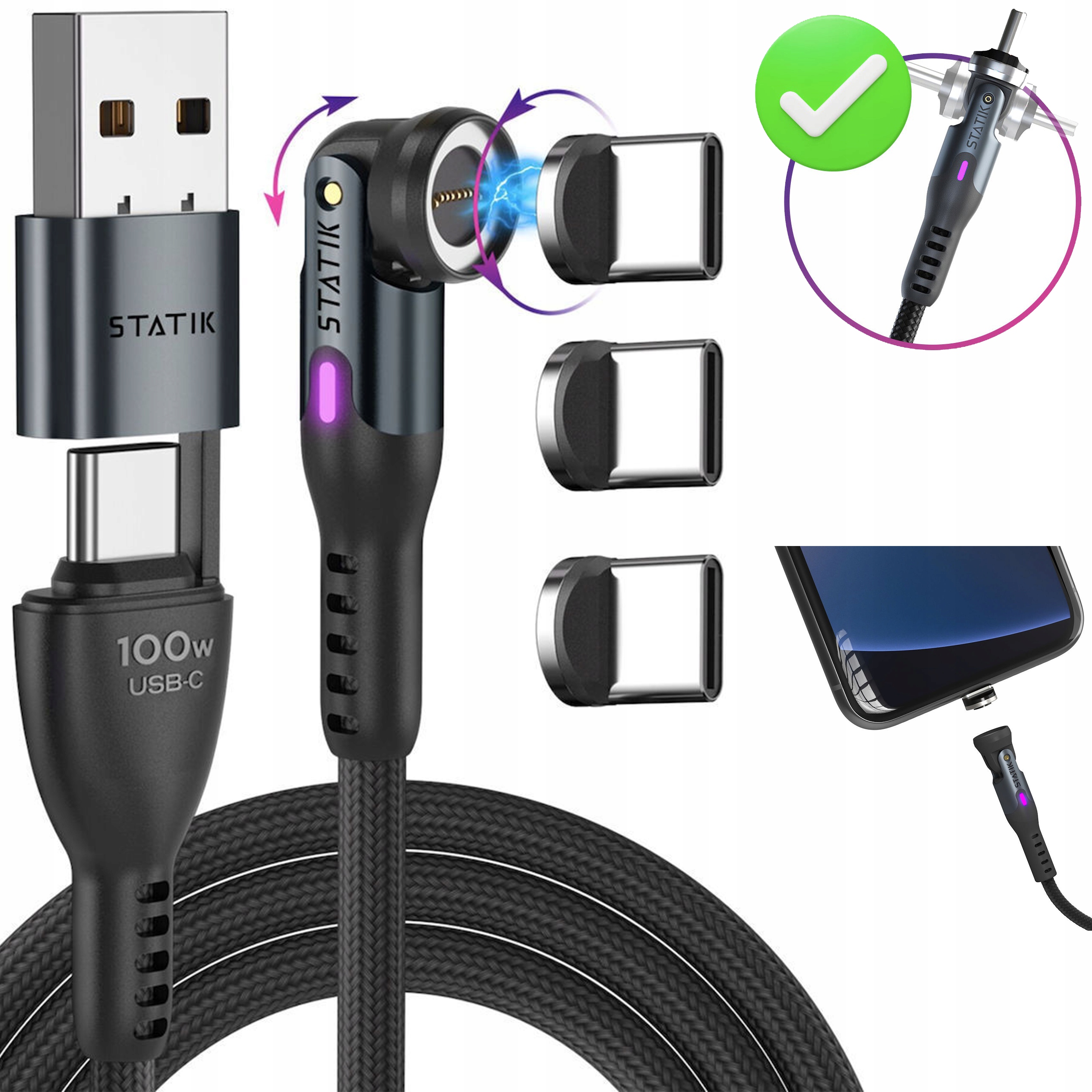 Statik 360 Pro Kabel Usb-c na 3x Usb-c 100W 2m Przewód z Adapterem Usb-a