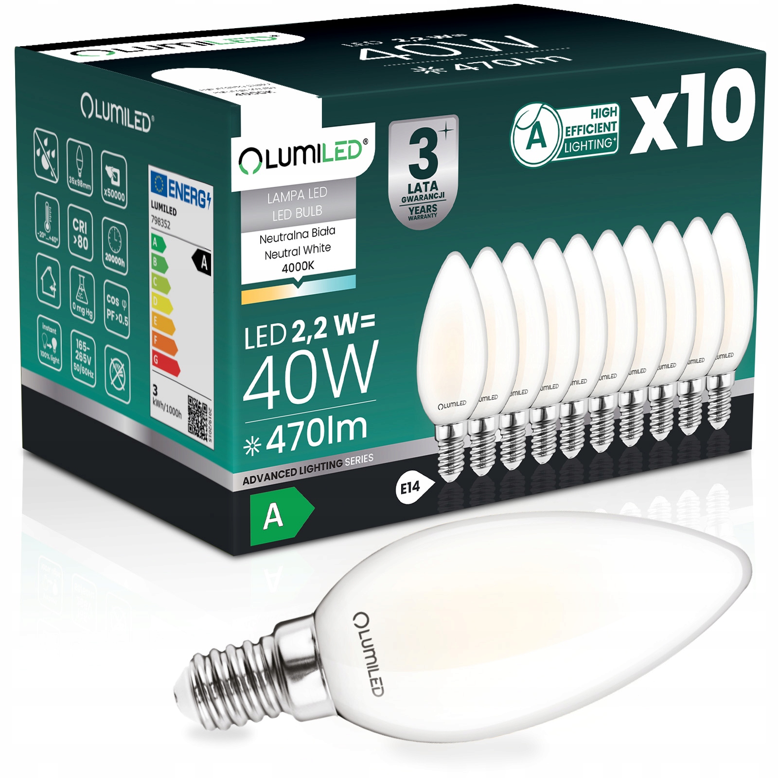 10x Led Žárovka E14 Filament Třída A 2,2W 470LM 40W 4000K 360° Svíčka