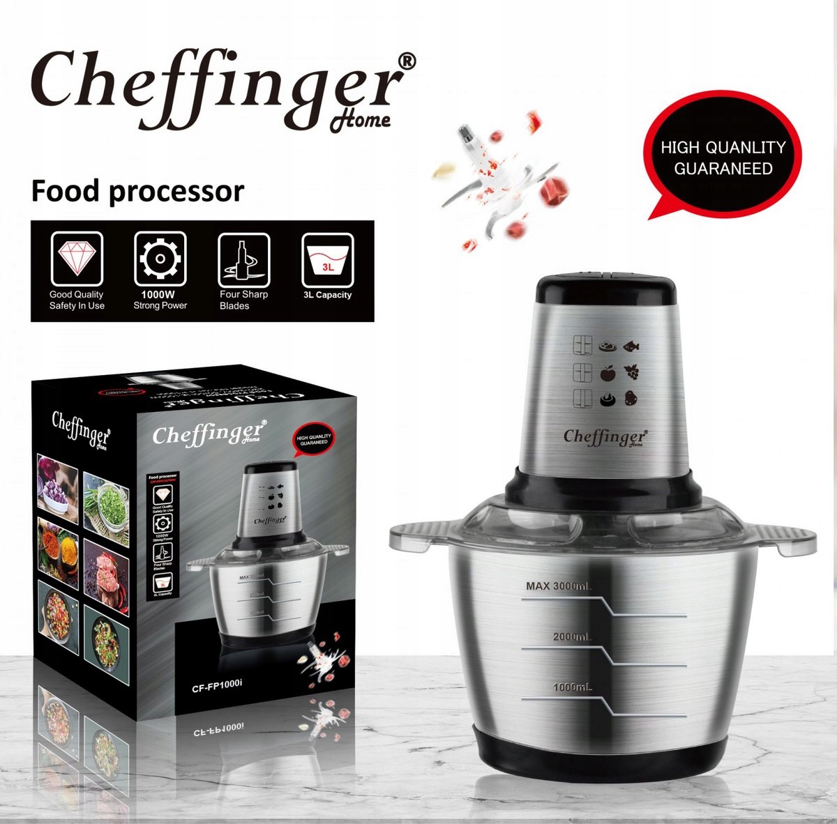 Cheffinger CF-FP1000I Robot kuchenny 3L 1000W - rozdrabniacz, SREBRNY Marka Cheffinger