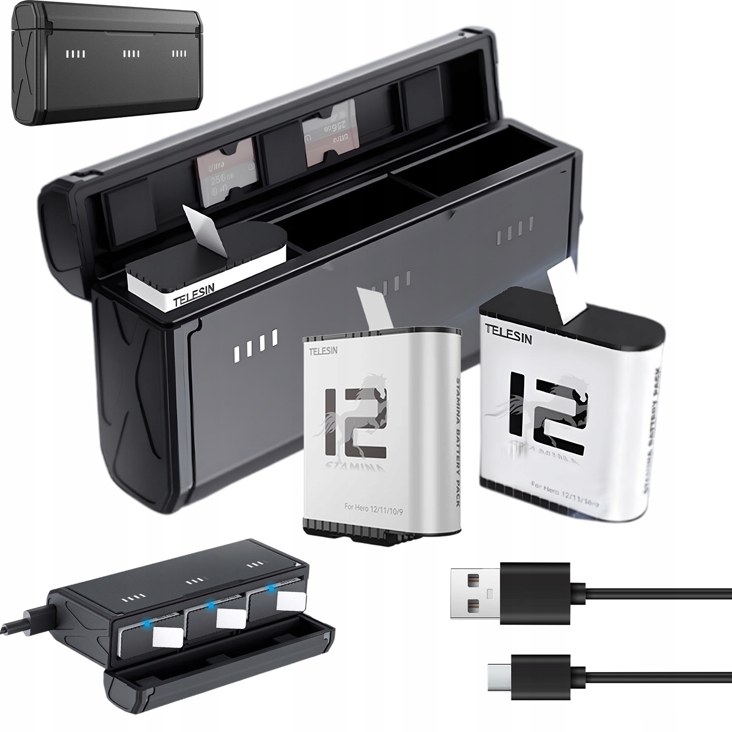 Trojkanálová nabíječka +2 baterie pro sportovní kamery GoPro Hero 12/11/10/9