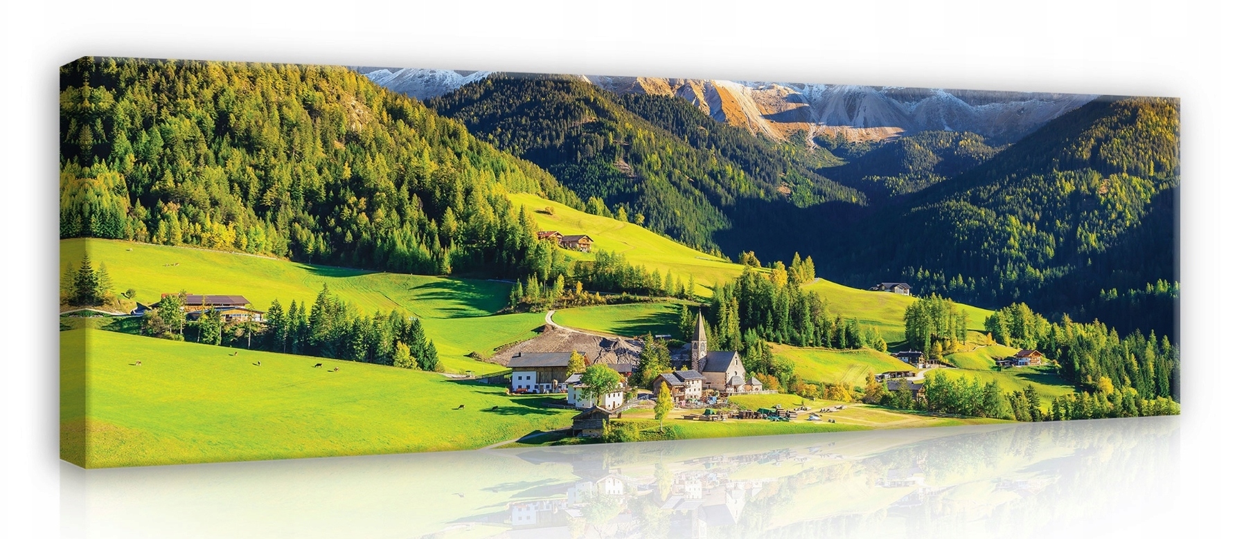 Obraz 145x45 horská krajina údolí Alpy vesnice kostel slunce světlo stín