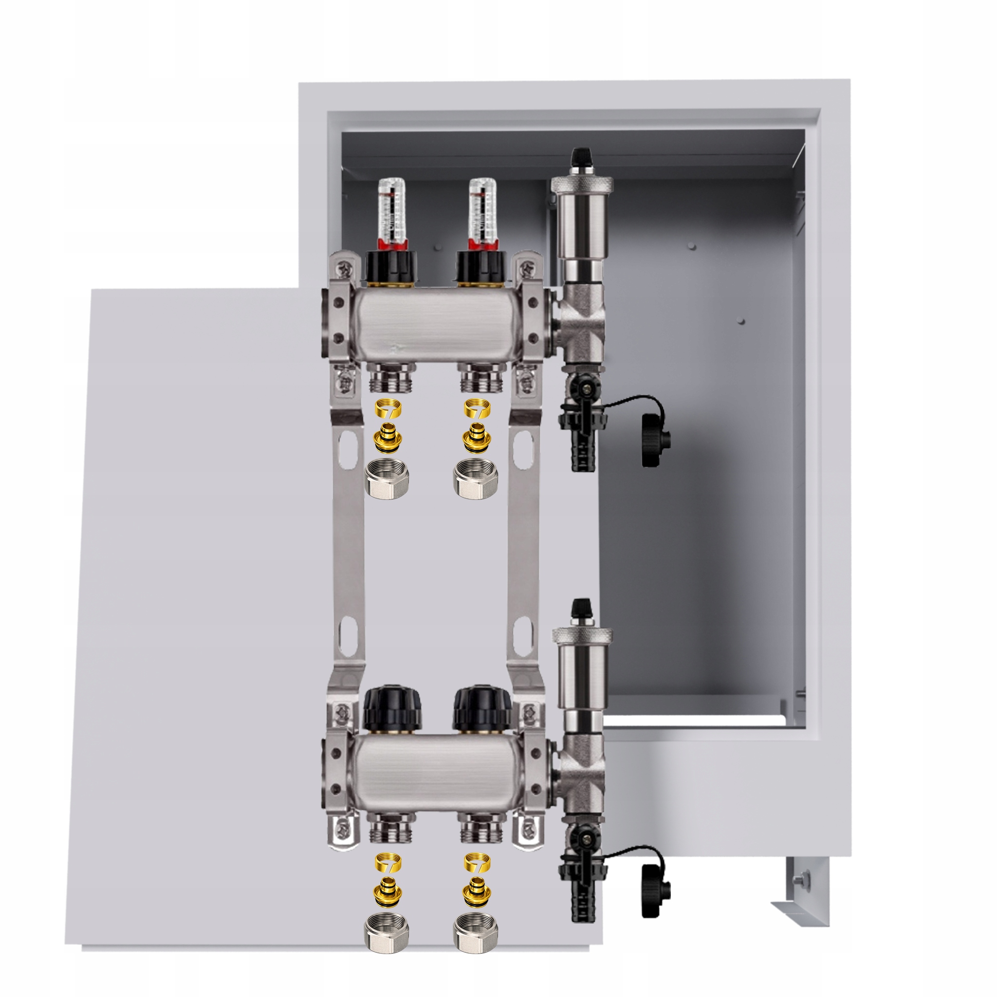 Nerezový rozdělovač pro podlahovku 2 okruhy s podomítkovou schránkou Pex