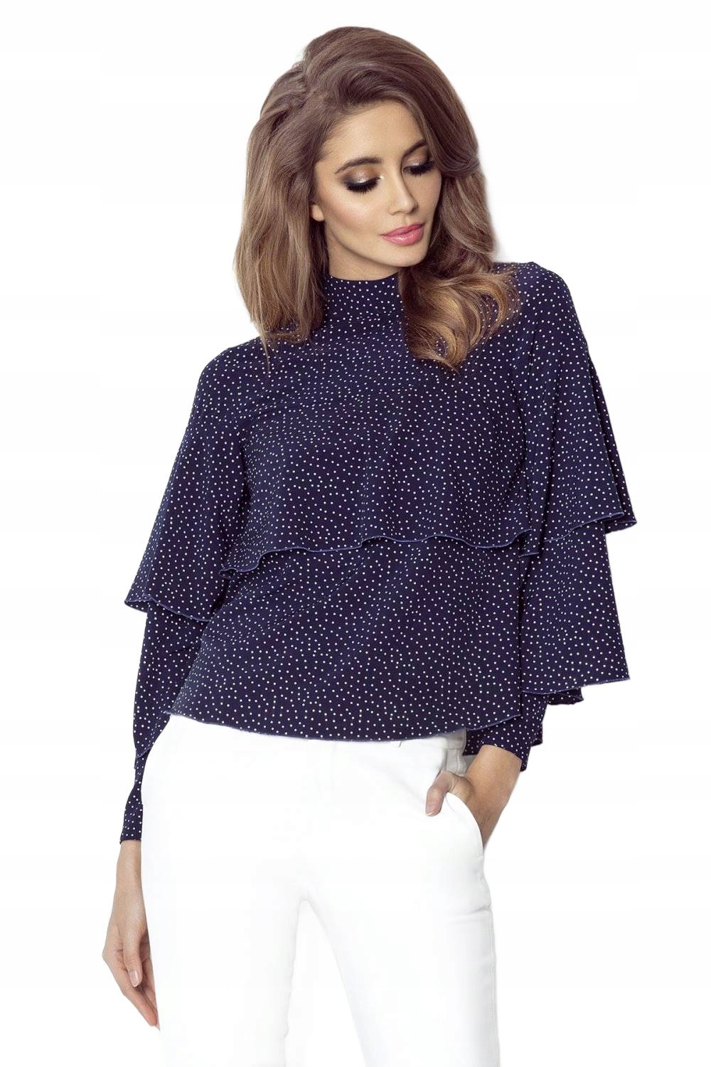 Elegantní Halenka Nelly S Volánky, Tmavě Modrá S Puntíky, Velikost 40