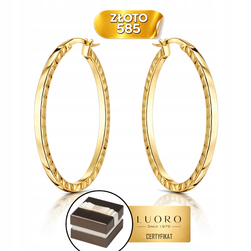 Náušnice Zlaté 585 14K Oválné Drážkované 32 MM Kolejnice 2 MM Elegantní