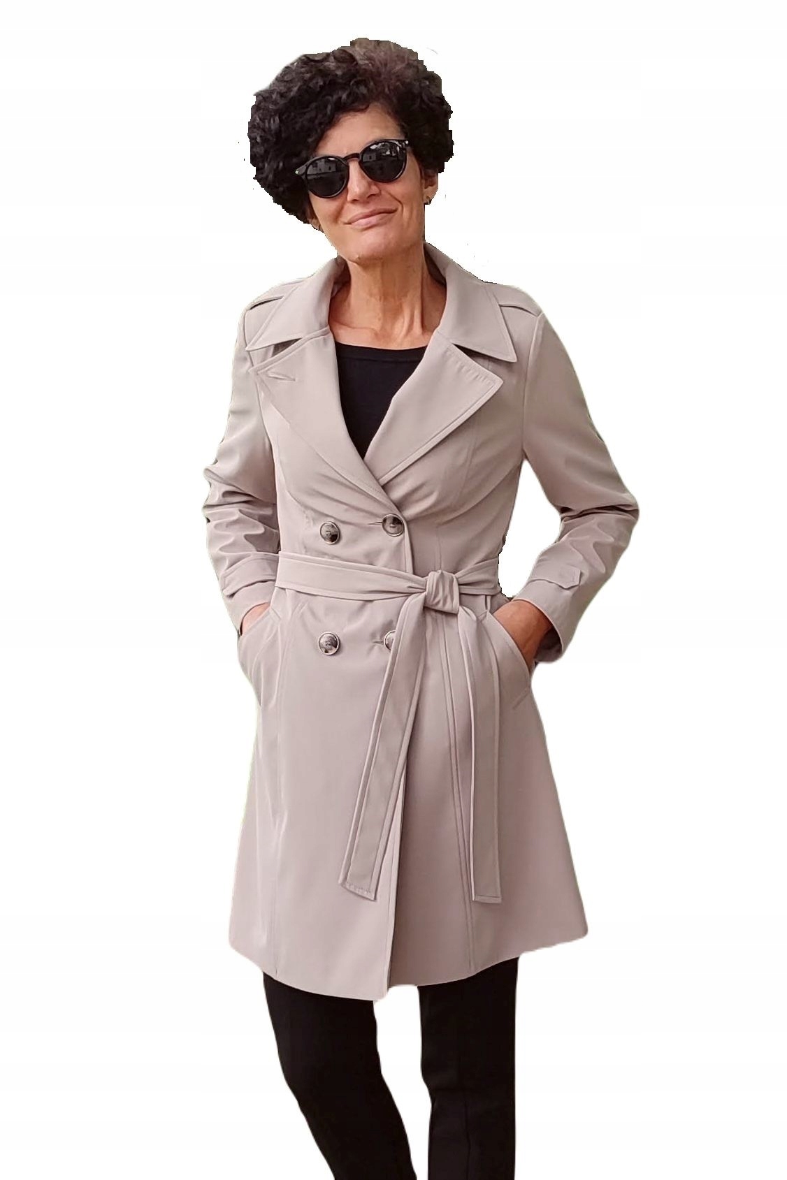 Dwurzędowy Trencz Przejściowy Płaszcz Wiosenny Prochowiec Beżowy 42