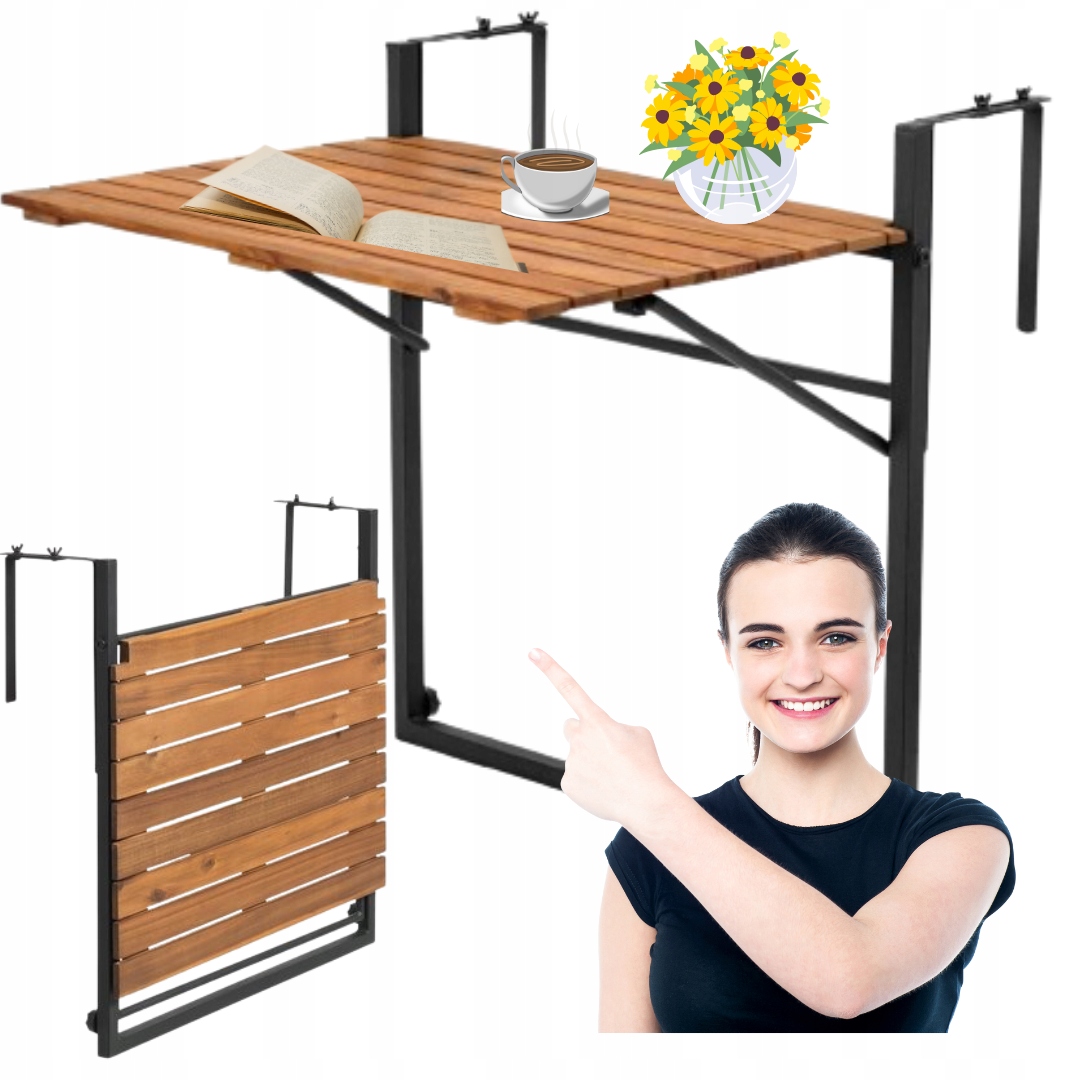 Stolik Stół Balkonowy Składany Wiszący Akacja Na Balustradę 57 x 43 x 60 cm
