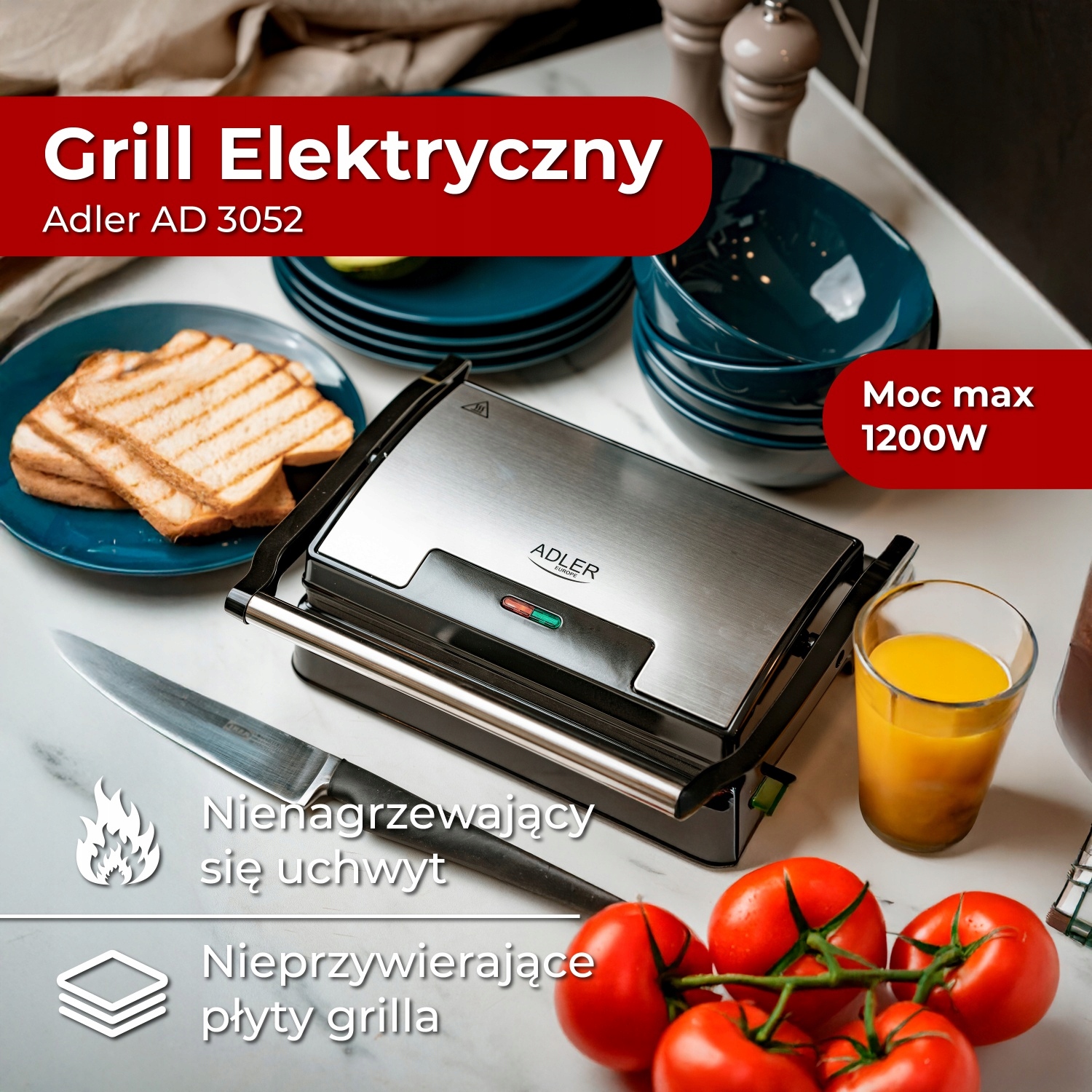 Grill Elektryczny Adler AD 3052 1200W Teflonowe Płyty Regulacja Nachylenia