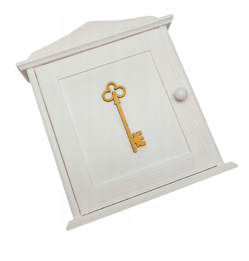 Biała Szafka na KLUCZE, DREWNO Złoty KLUCZ Szerokość mebla 20 cm