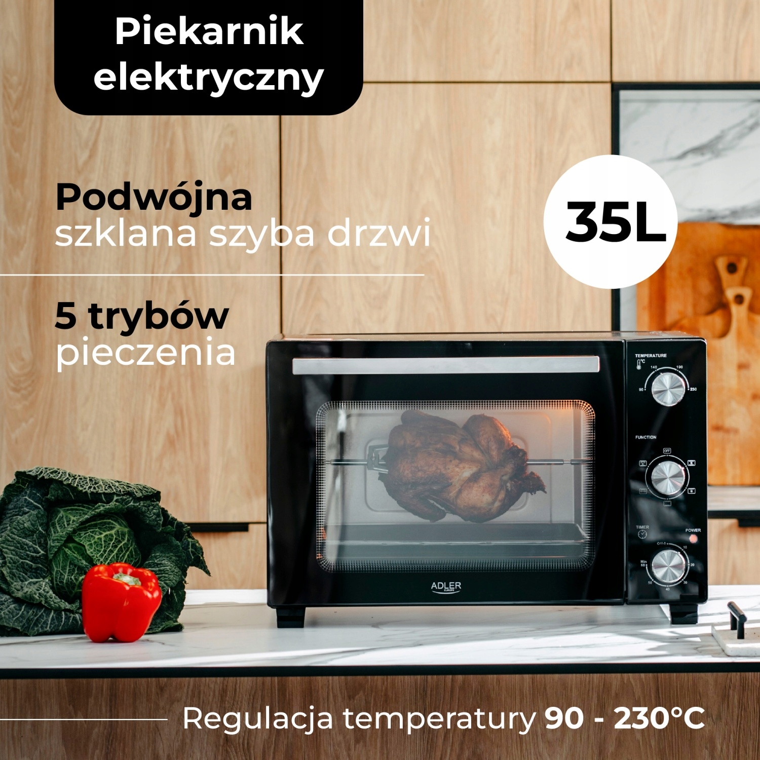 Piekarnik Elektryczny Adler AD 6025 35L Konwekcja Rożen Czarny