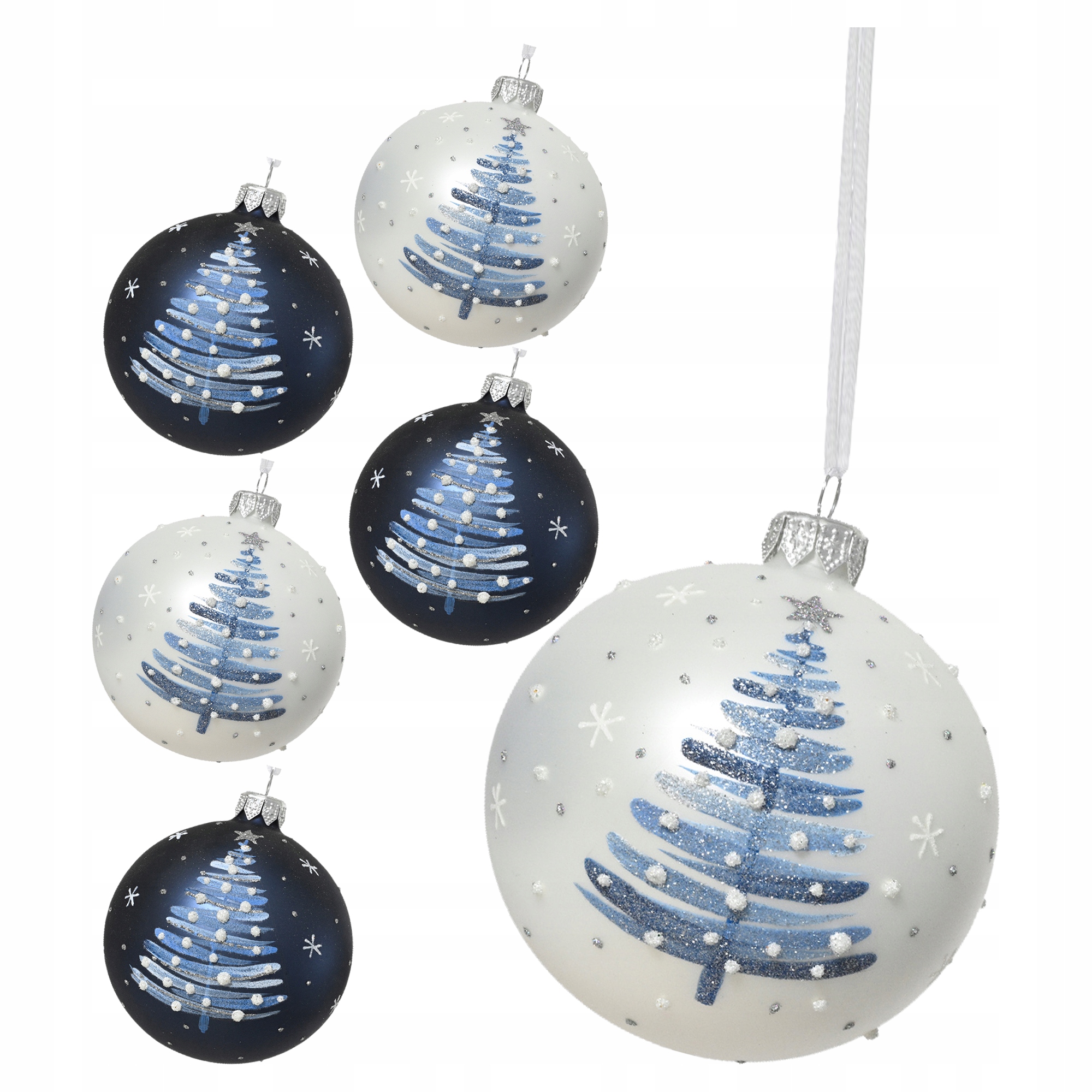 Bílo-modré skleněné Vánoční Baňky 8 cm zdobené vánočním stromkem, 6 ks
