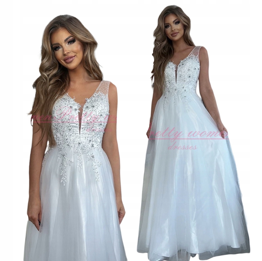 Michalina Bílá Dlouhá Tylová Šaty Princezna s svatební Gipiurou Xs