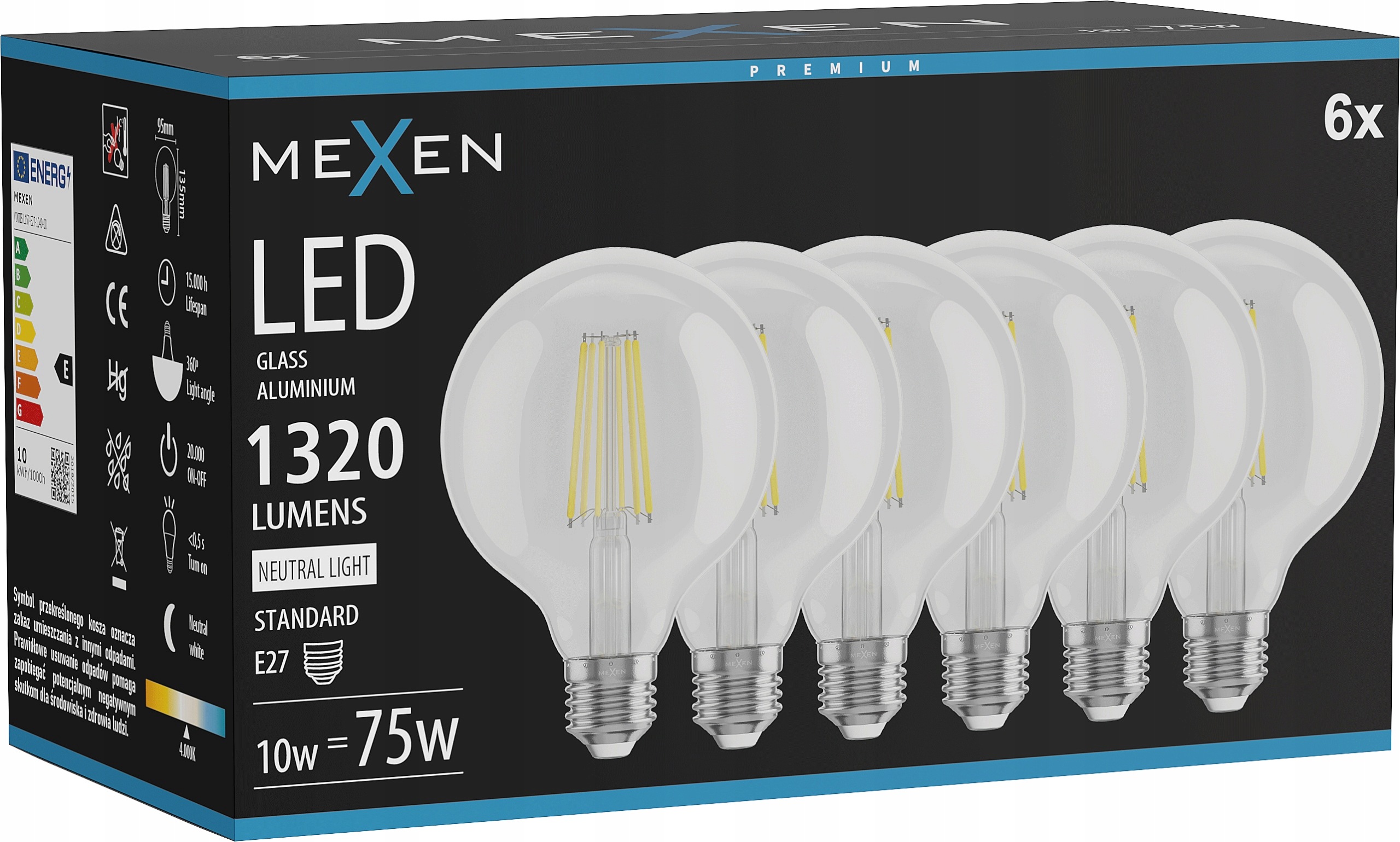 Mexen Vintis 6X Žárovka Filament Led E27 G95 10W 4000K 1320 LM Clear