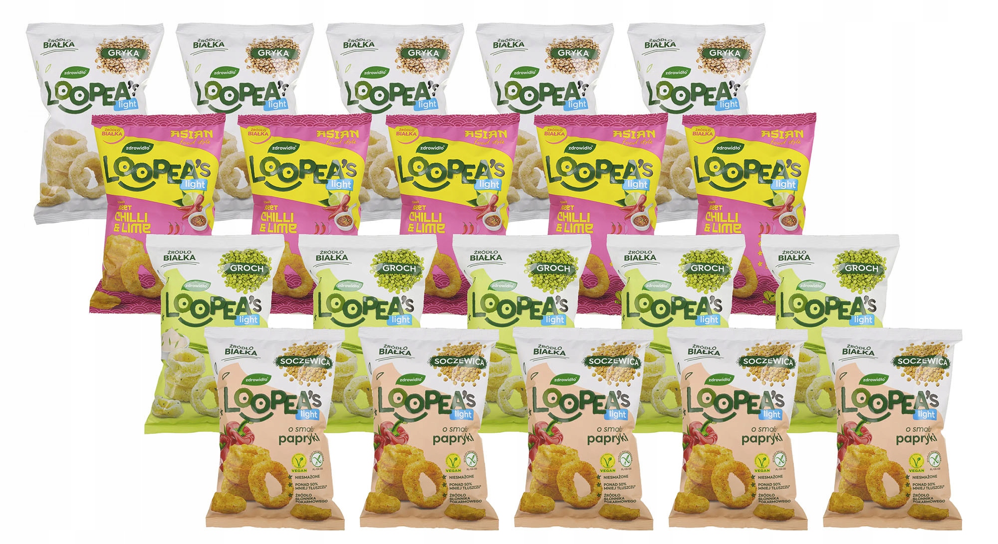 Zestaw 20 Sztuk 4 smaki Loopea's Light chrupki z soczewicy grochu gryki bez