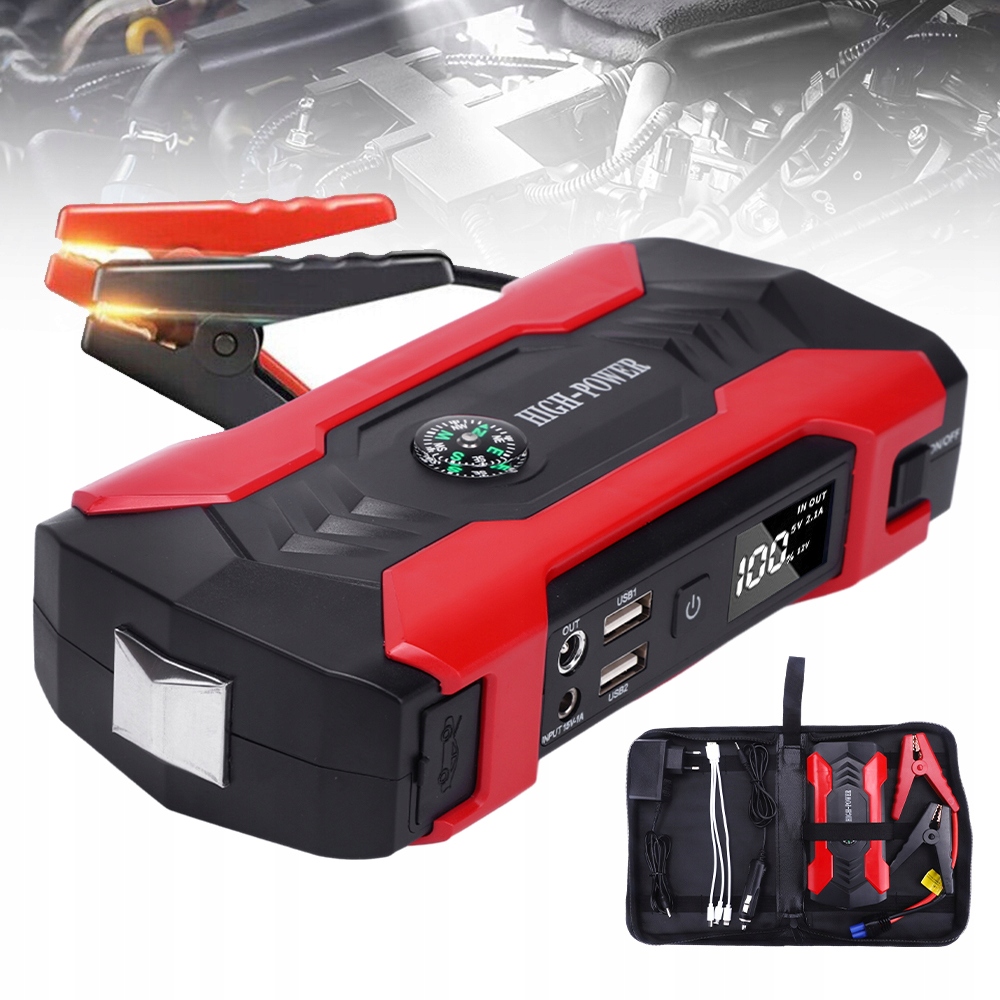 Jump Starter Silný Start Booster Powerbank Svítilna Kladivo Kabely Sada