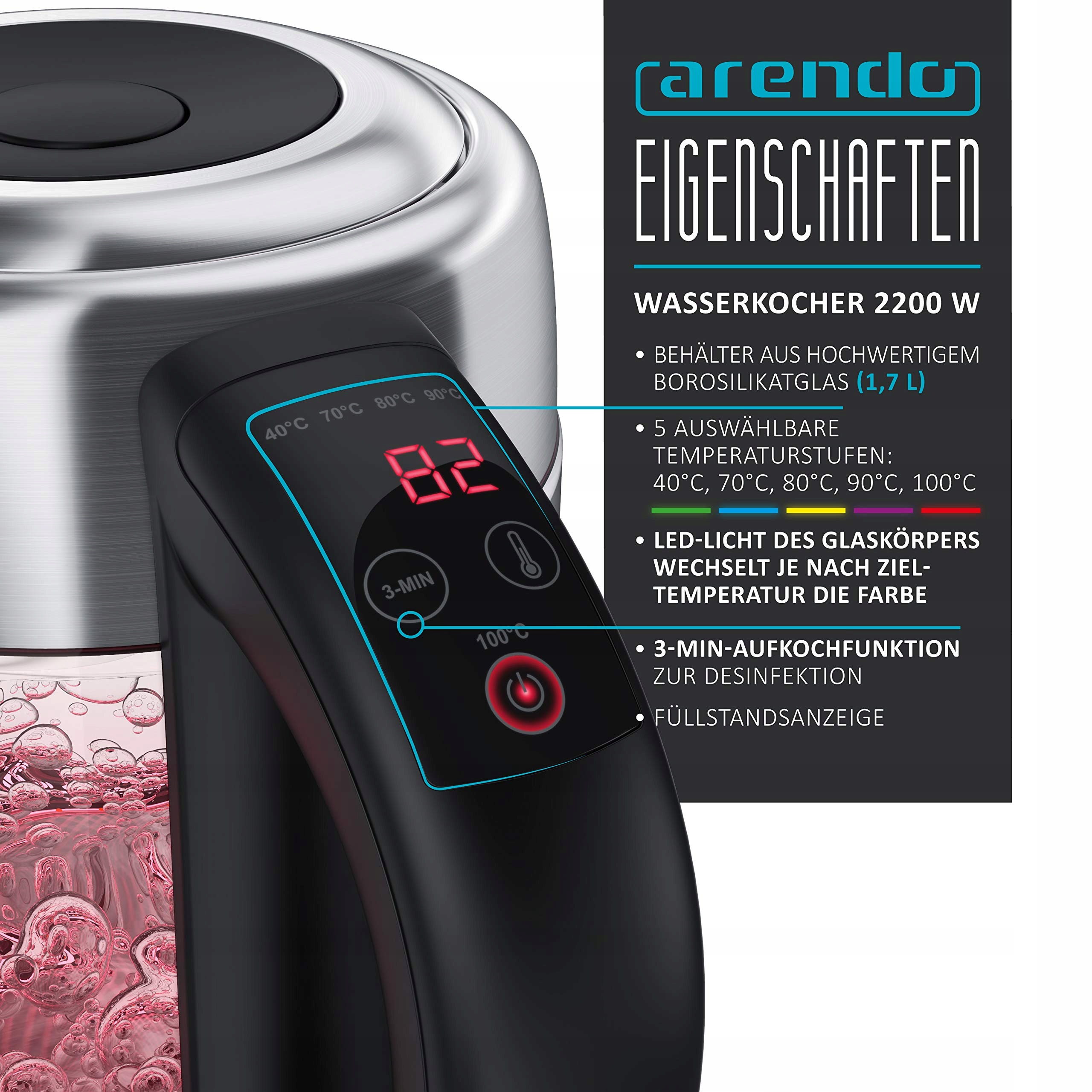 ARENDO Czajnik Elektryczny Stalowy Szkło 1,7l Regulacja Temperatury RGB — miniatura 3