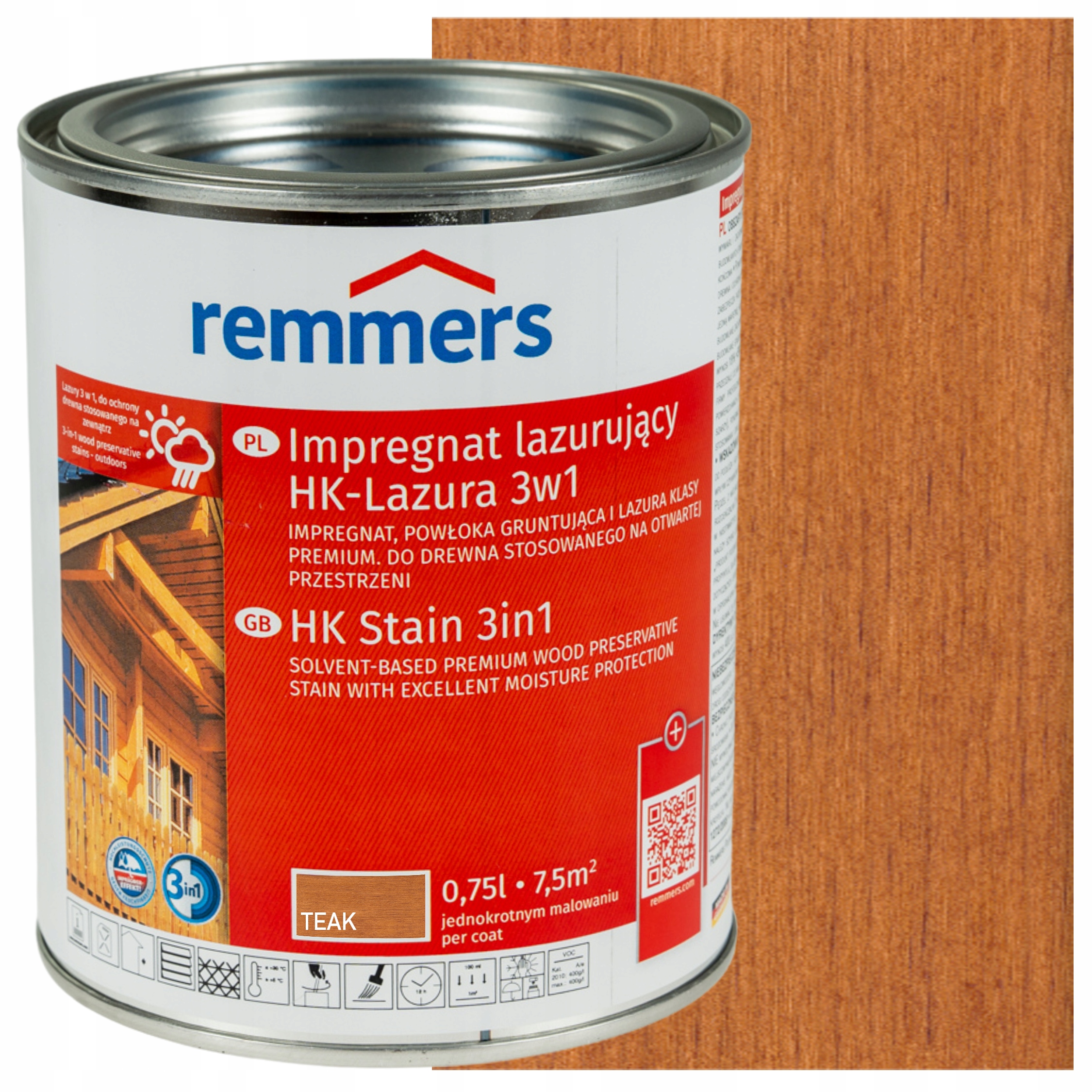 Impregnat lazura Remmers 3w1 teak 0,75L 750ml do drewna elewacji płotu