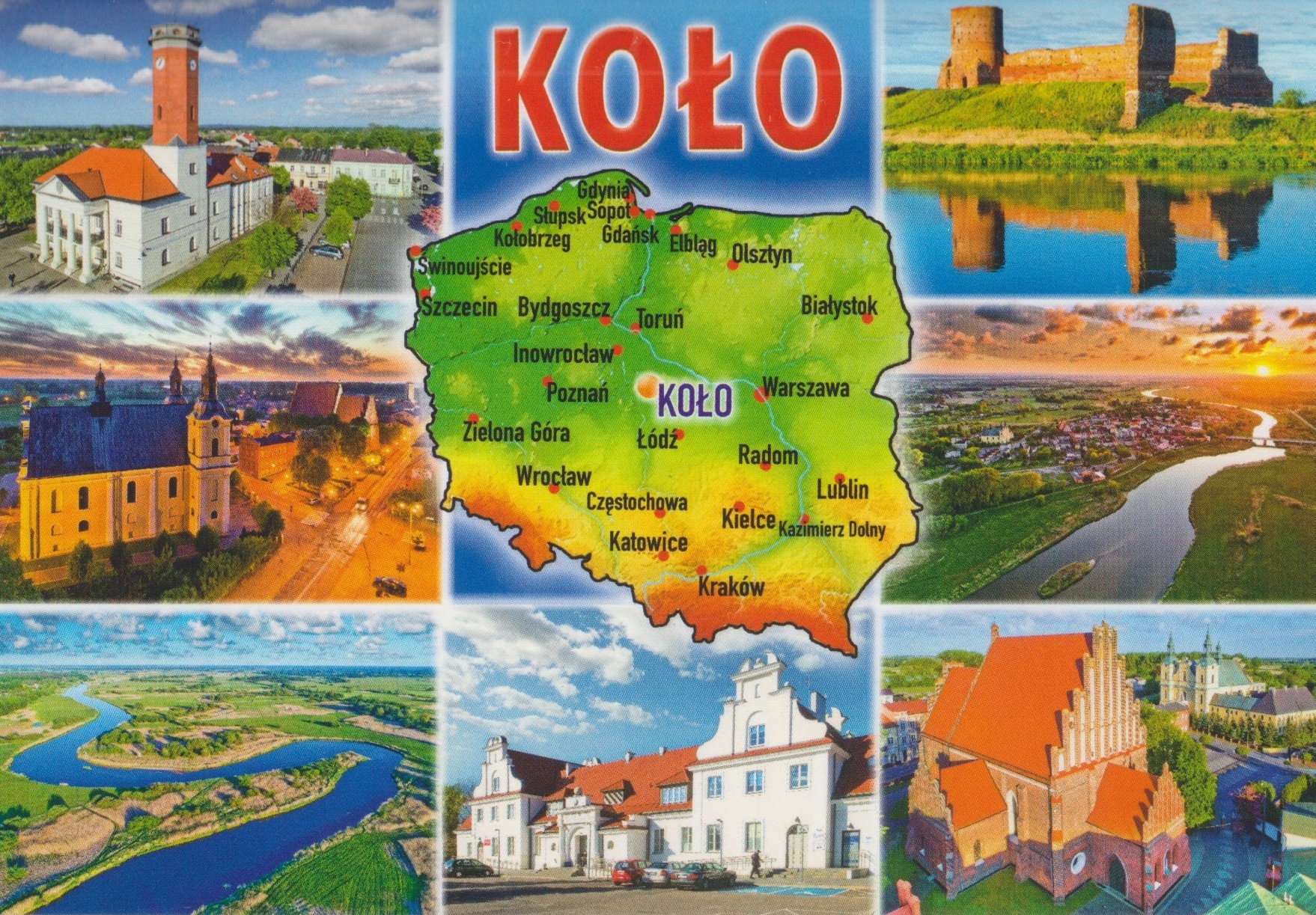KOŁO - Z LOTU PTAKA - KOŚCIÓŁ - KLASZTOR - RATUSZ - ZAMEK - WARTA - MAPKA