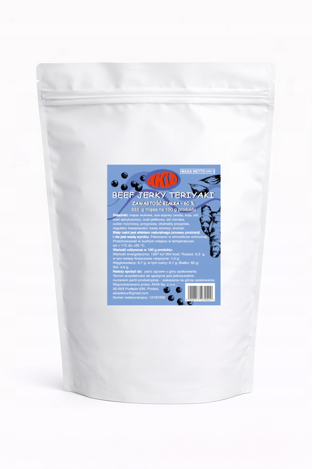 Akia Beef Jerky, sušené maso, sušené hovězí maso Teriyaki 1000 g