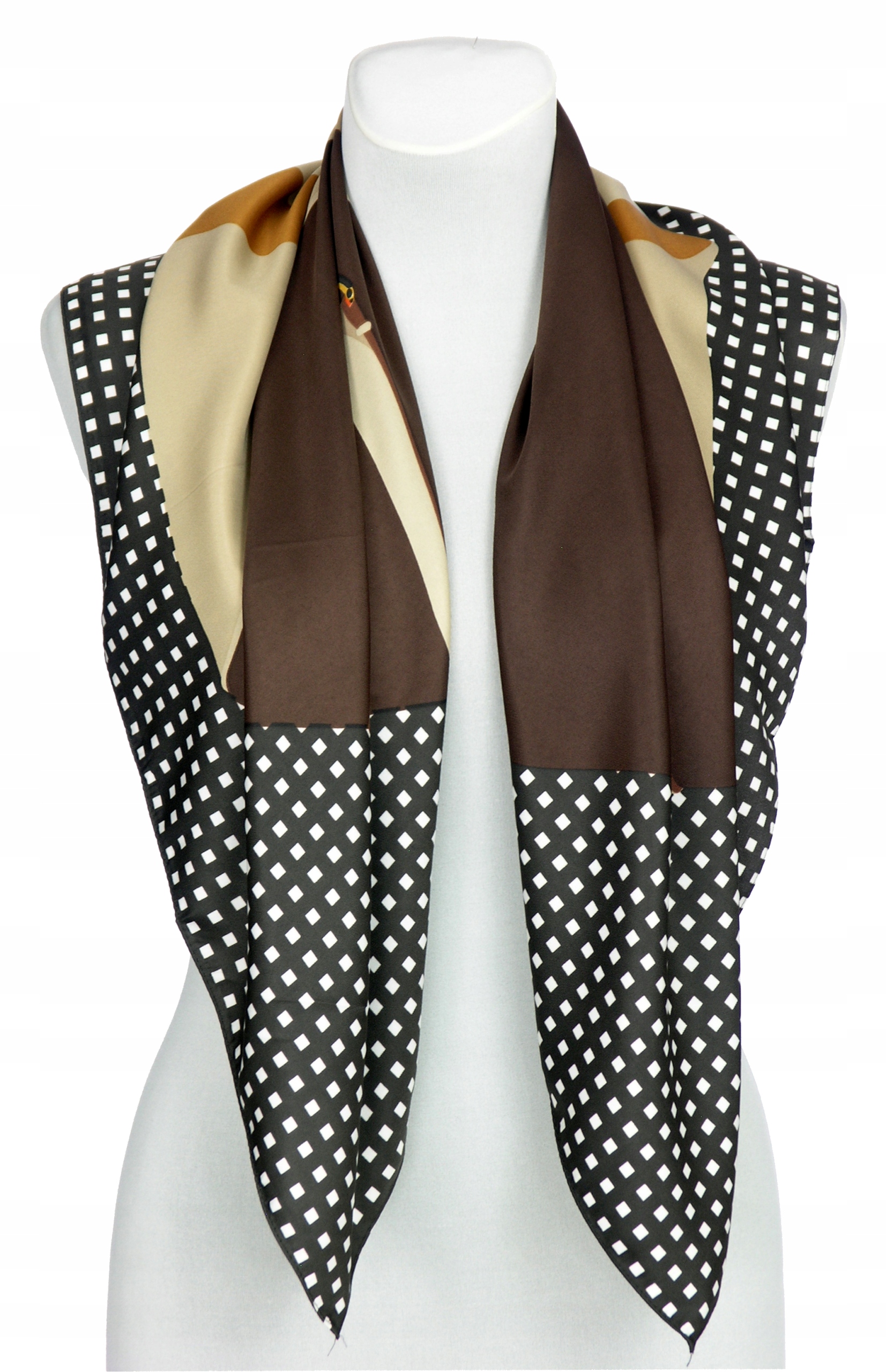 ORYGINALNA SATYNOWA APASZKA ZE ŚRODKIEM BEŻ/BRĄZ 90/90 cm Marka CORA