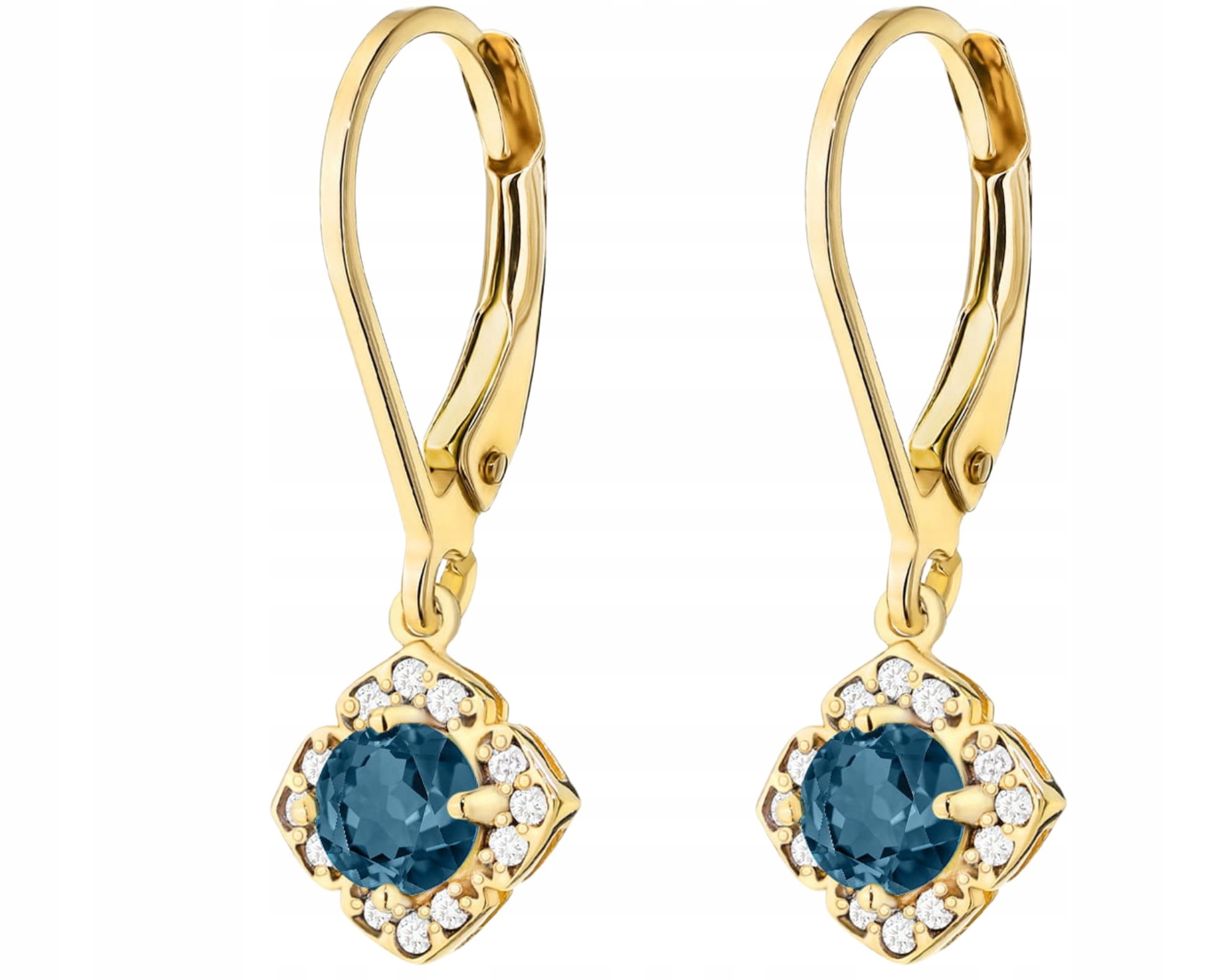 Zlaté Závěsné Náušnice S Topazem London Blue Brilianty Anglické Zapínání