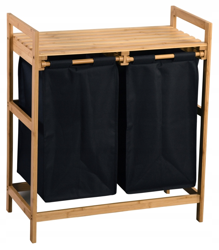 Triediaci kôš s policou, čierny, bambus, polyester 64 x 73 x 33cm