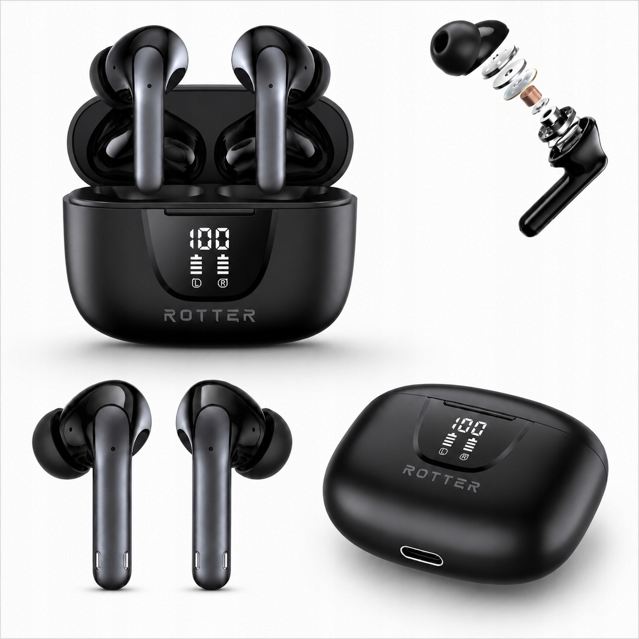 Słuchawki Bezprzewodowe Dokanałowe Bluetooth Rotter z Mikrofonem 5.3 Czarny