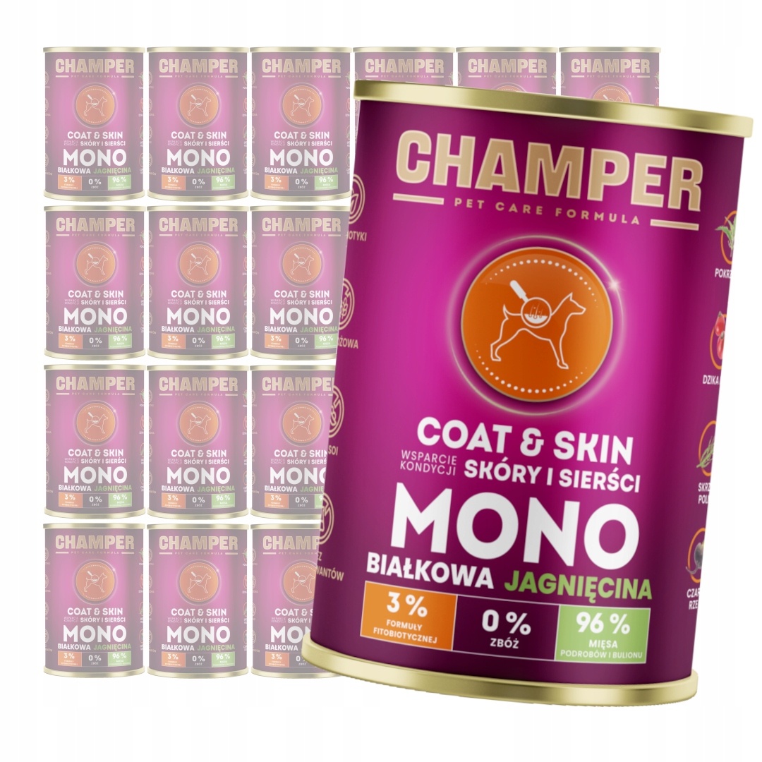 Levně Champer Coat & Skin 24x400g Monoproteinové Vlhké Krmivo pro psy s jehněčím masem