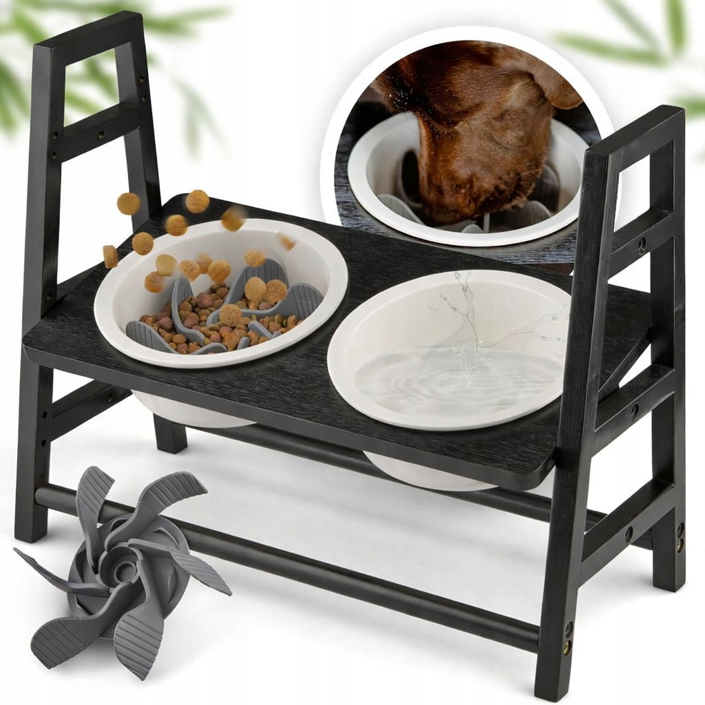 Miska dla Psa Na Stojaku Podwójna Regulowana 1,2L 3 Wysokść Bambus+ceramika