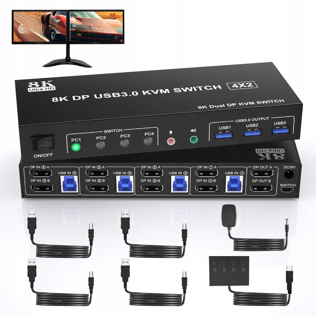Prepínač Kvm Rozbočovač Usb 3.0 Adaptér Prepínač 4X2 Displayport